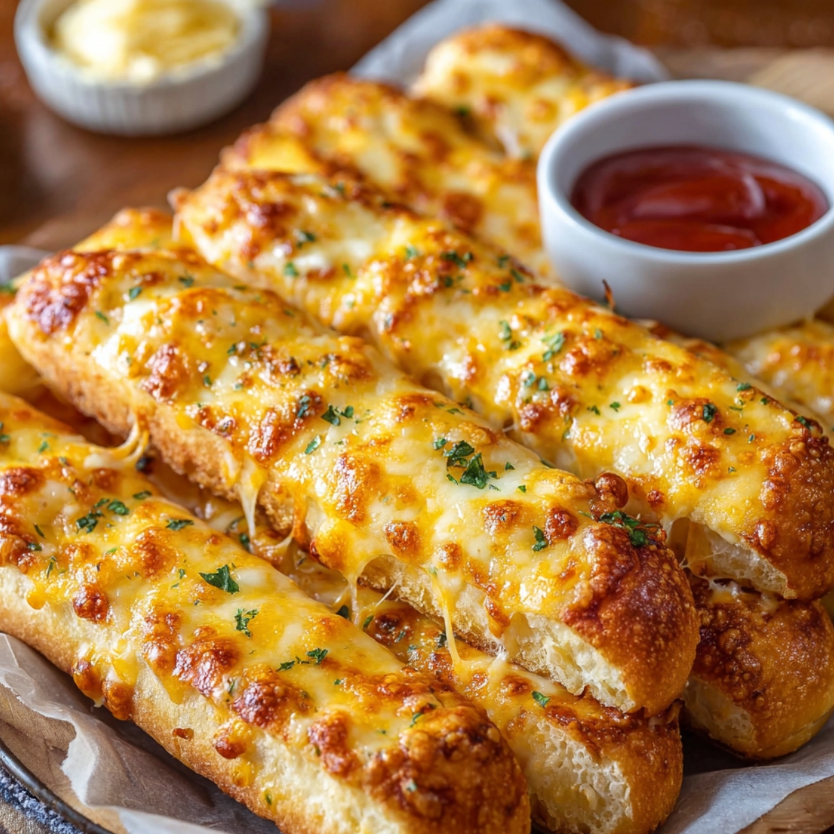 Cheesy Breadsticks A close-up of baked cheesy breadsticks with melted cheese and parsley, served with ketchup and garlic butter dips