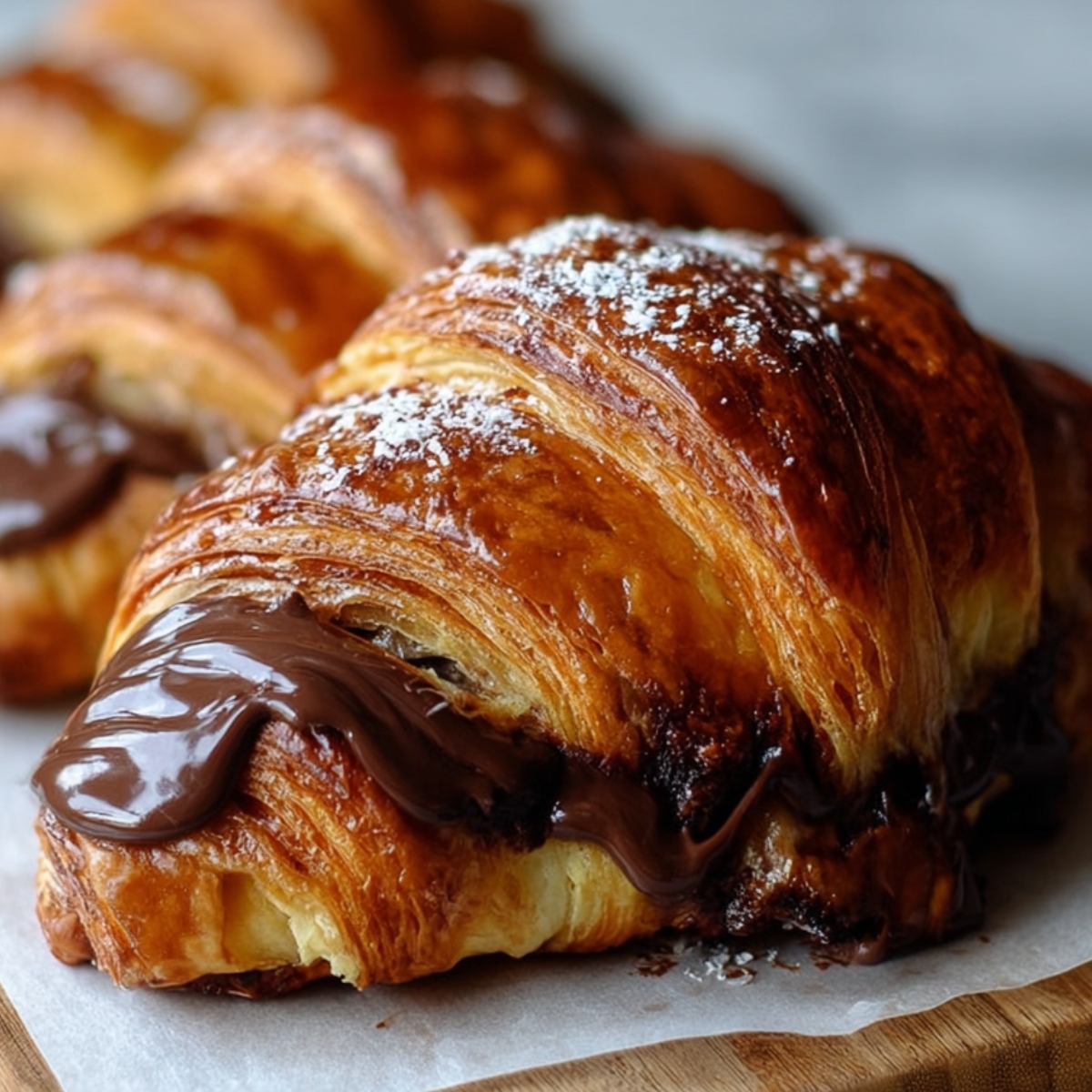 Freshly baked chocolate croissants with glossy golden layers and melted chocolate oozing out, dusted with powdered sugar.”