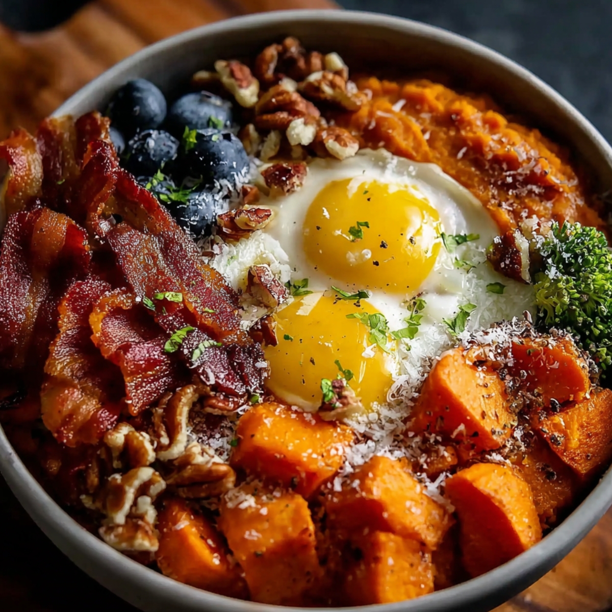 Sweet Potato Breakfast Bowl with two sunny-side-up eggs, roasted sweet potatoes, crispy bacon, blueberries, broccoli, and chopped nuts topped with herbs