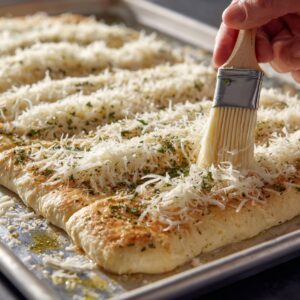 A baking tray of breadsticks being brushed with melted butter and topped with shredded cheese and herbs