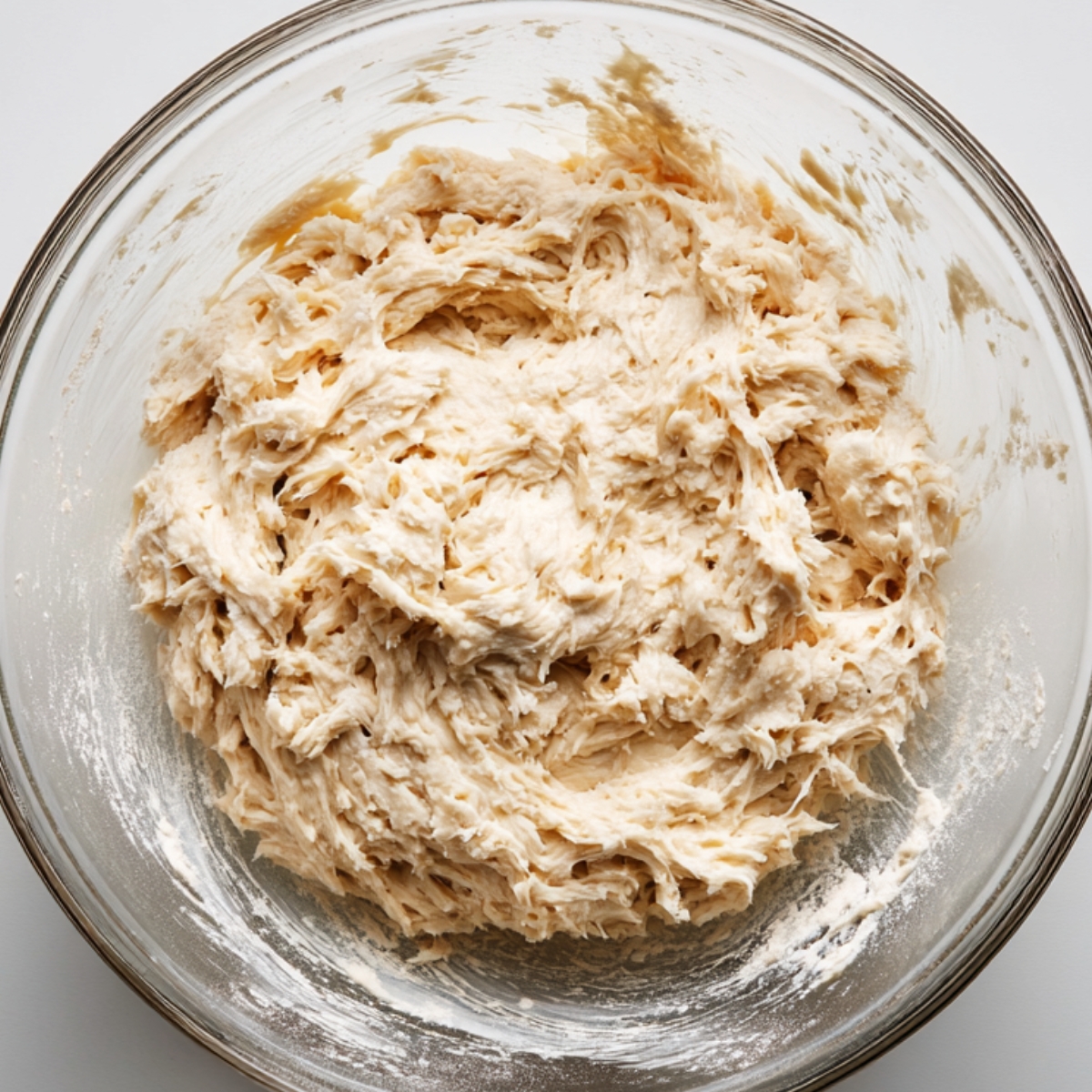 A glass bowl filled with freshly mixed bread dough, slightly sticky and fluffy in texture.