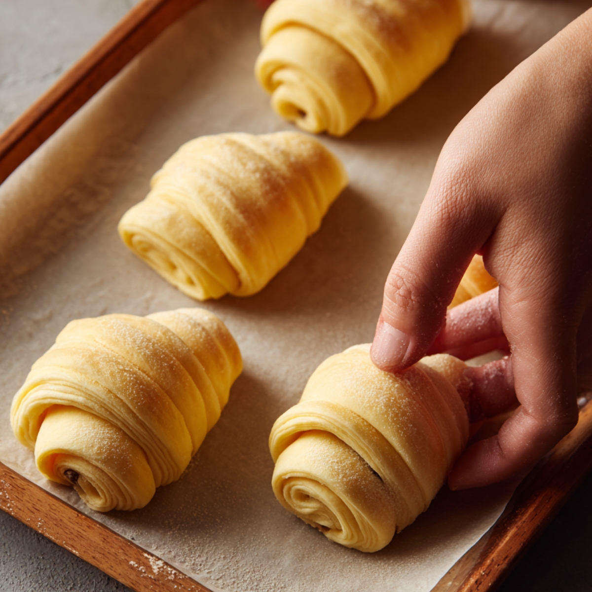 A hand arranging unbaked croissants on a parchment-lined baking tray, ready for the oven.