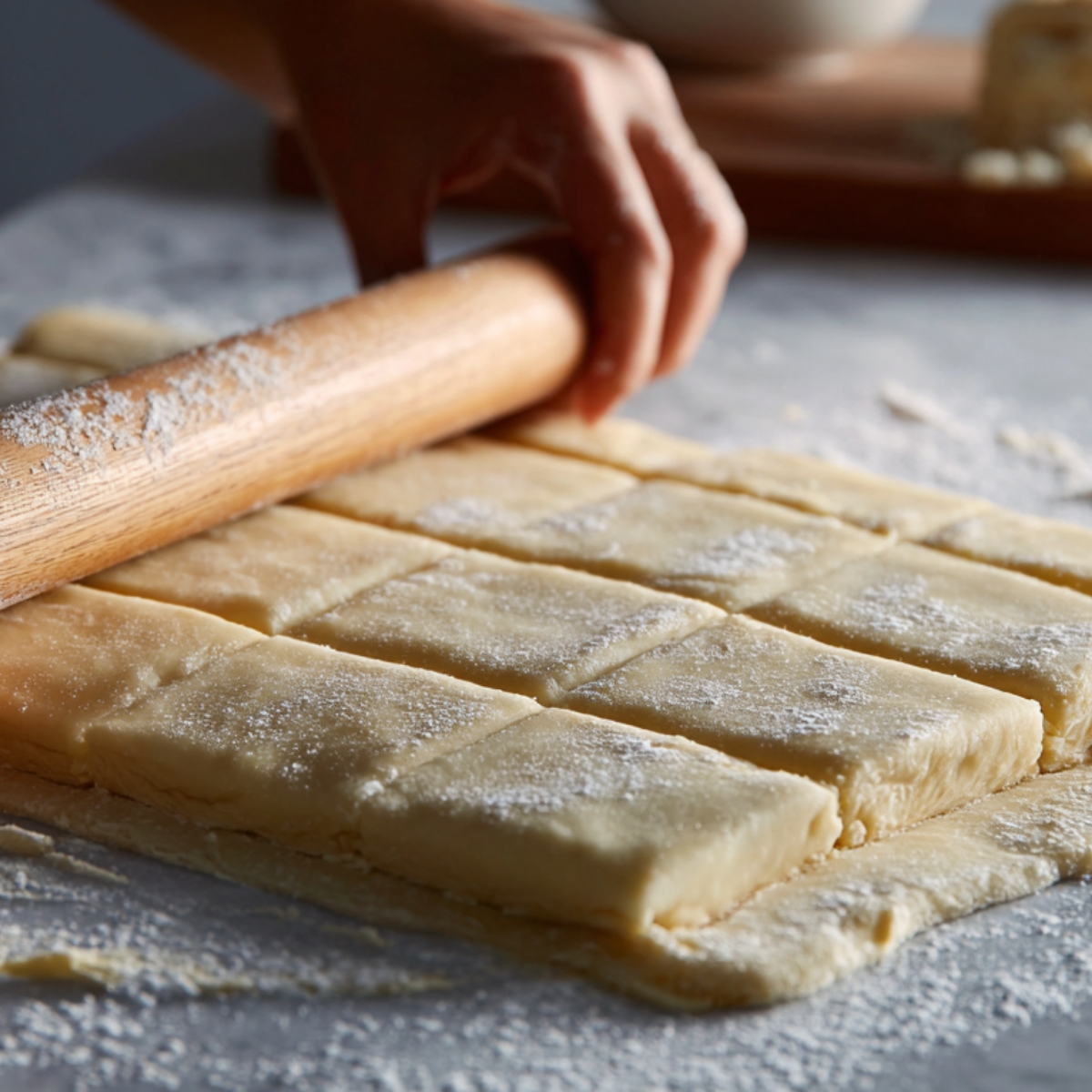 Hands rolling out puff pastry dough with a rolling pin on a floured surface, cutting it into squares.
