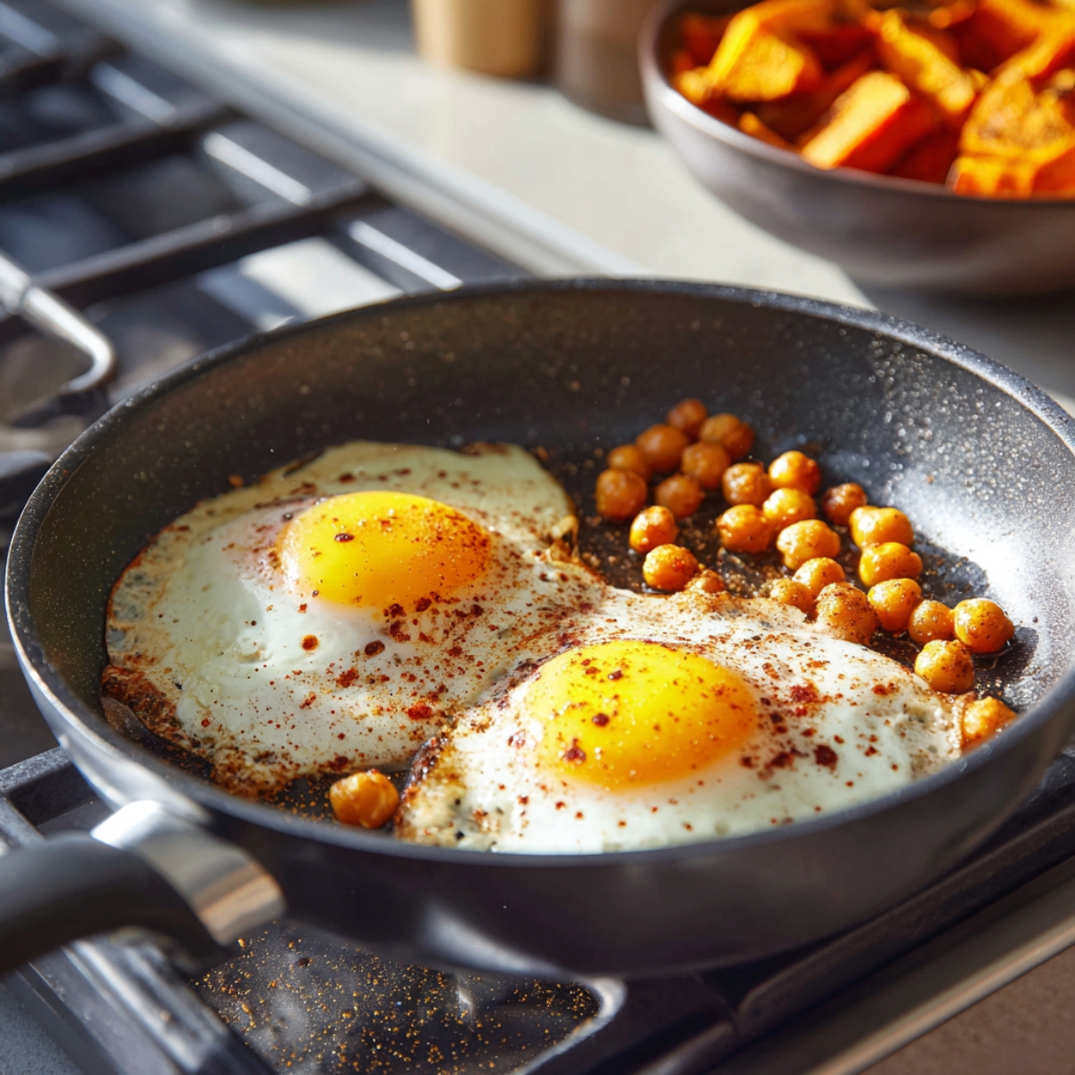 Two fried eggs with chickpeas cooking in a skillet, sprinkled with spices, next to a bowl of roasted sweet potatoes