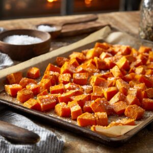 Baking tray filled with roasted sweet potato cubes sprinkled with salt, resting on a rustic wooden counter near an oven
