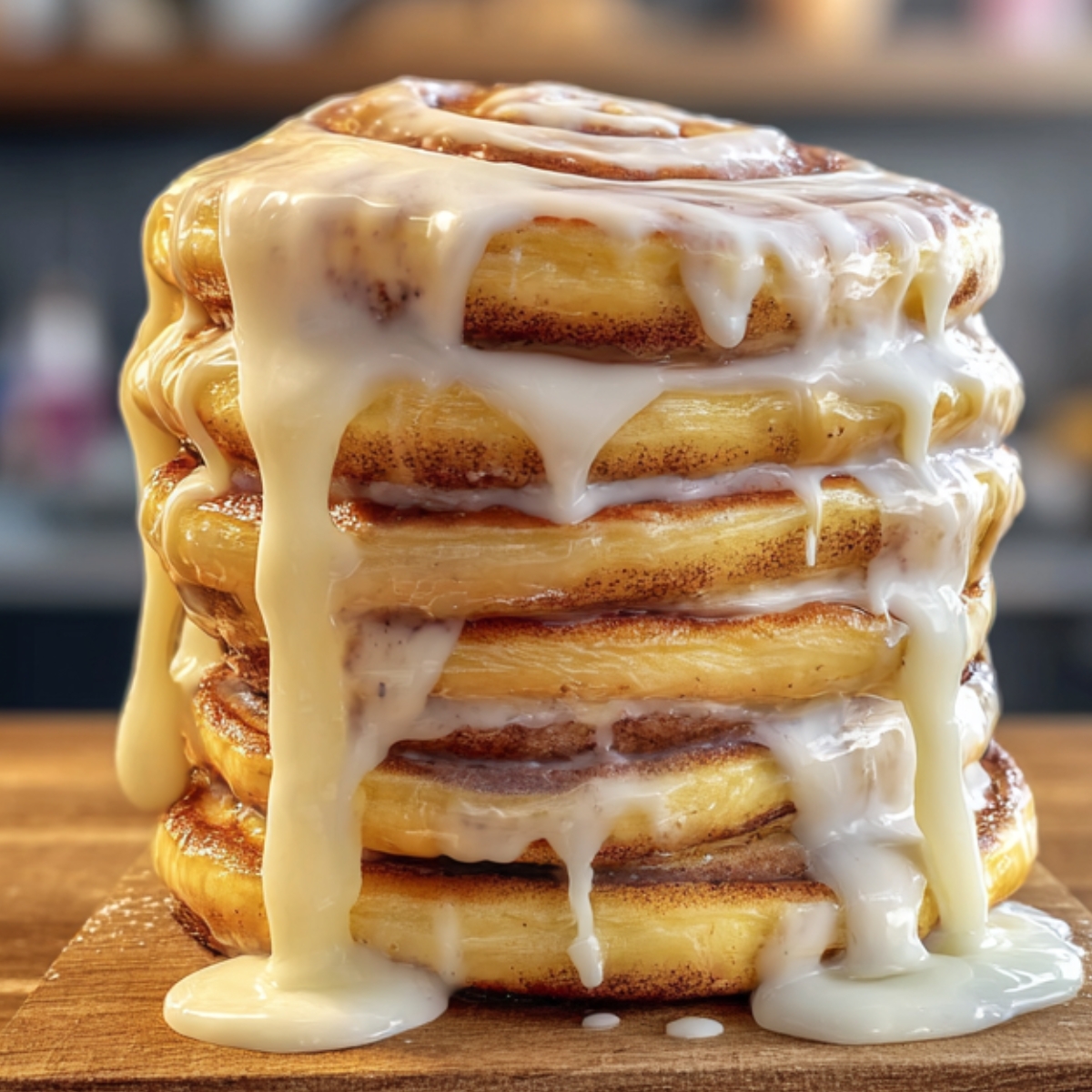 French Toast Cinnamon Rolls Tall stack of cinnamon roll pancakes on a wooden board, layered with cinnamon swirls and covered in dripping vanilla icing in a softly blurred kitchen setting.