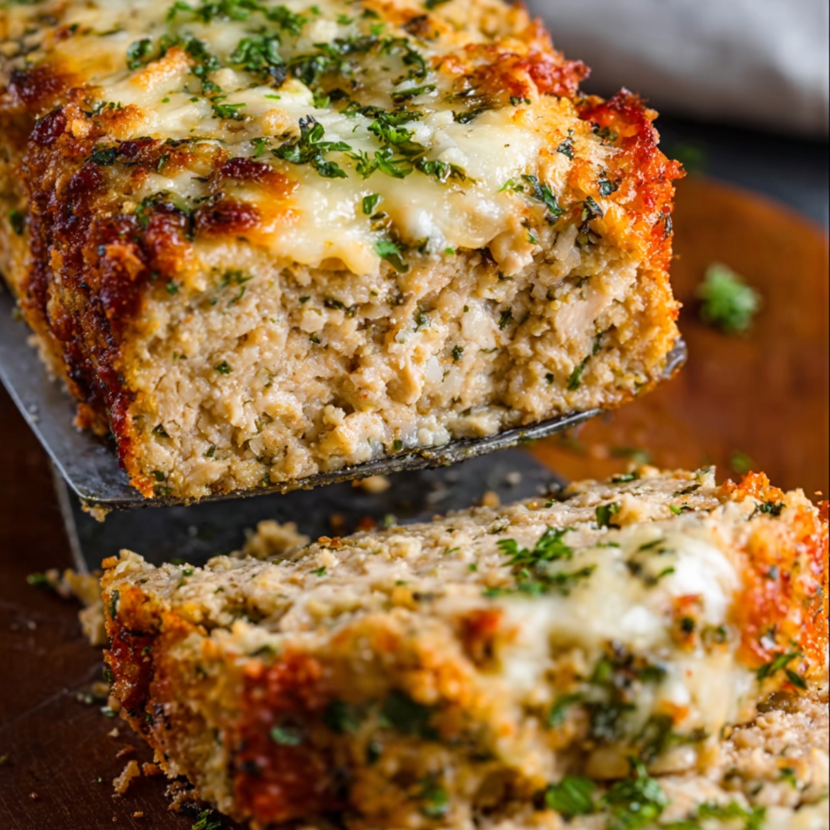 Close-up professional food photography of a sliced garlic parmesan chicken meatloaf being lifted with a spatula. The meatloaf has a golden, cheesy crust with herbs on top and a moist, tender interior visible in the slice. Melted cheese, breadcrumbs, and parsley garnish on the surface. Warm, appetizing lighting, shallow depth of field, rustic kitchen background, realistic textures, high detail, cookbook and editorial food photography style, ultra-high resolution.”