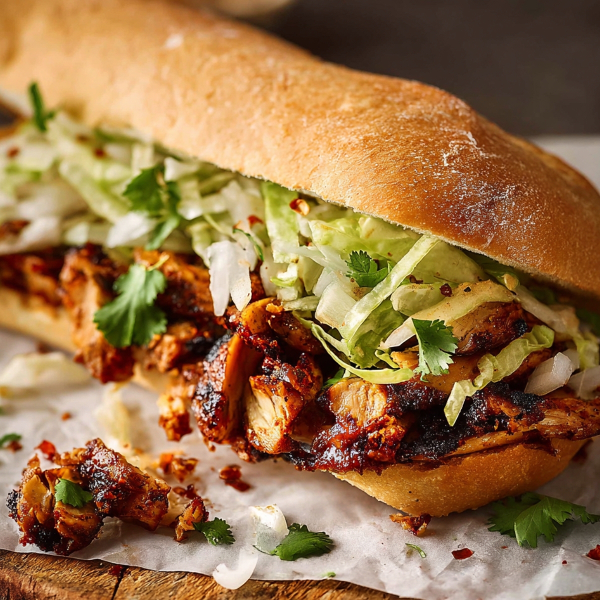 Loaded Chicken Torta Close-up of a chicken torta sandwich on a crusty roll, filled with grilled chicken, shredded lettuce, onions, and cilantro, resting on parchment paper over a wooden board.