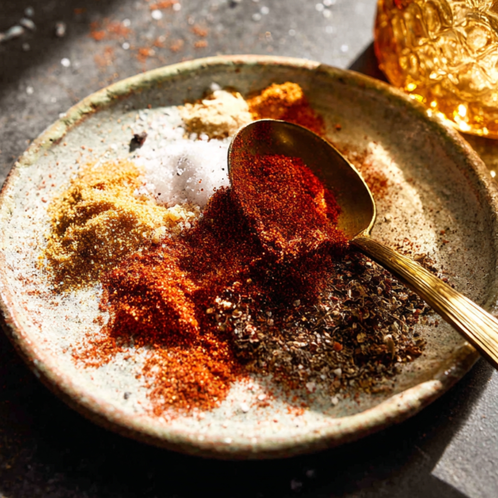 Rustic spice blend on a ceramic plate with smoked paprika, chili powder, black pepper, garlic powder, and flaky salt, styled with a brass spoon and an amber glass jar in warm sunlight.Rustic spice blend on a ceramic plate with smoked paprika, chili powder, black pepper, garlic powder, and flaky salt, styled with a brass spoon and an amber glass jar in warm sunlight.