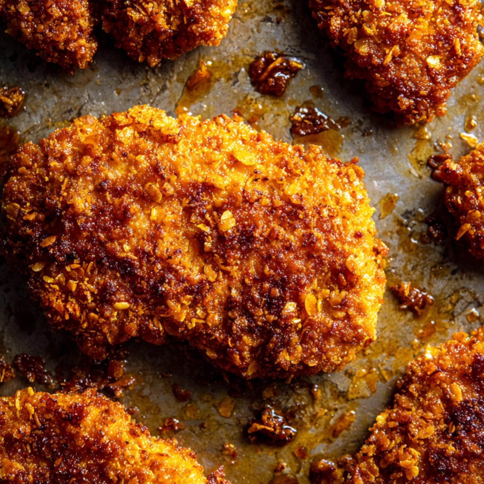 Extreme close-up of crunchy baked chicken cutlets with a golden cornflake-style coating, caramelized honey glaze, and baked-on crumbs on a metal baking sheet.