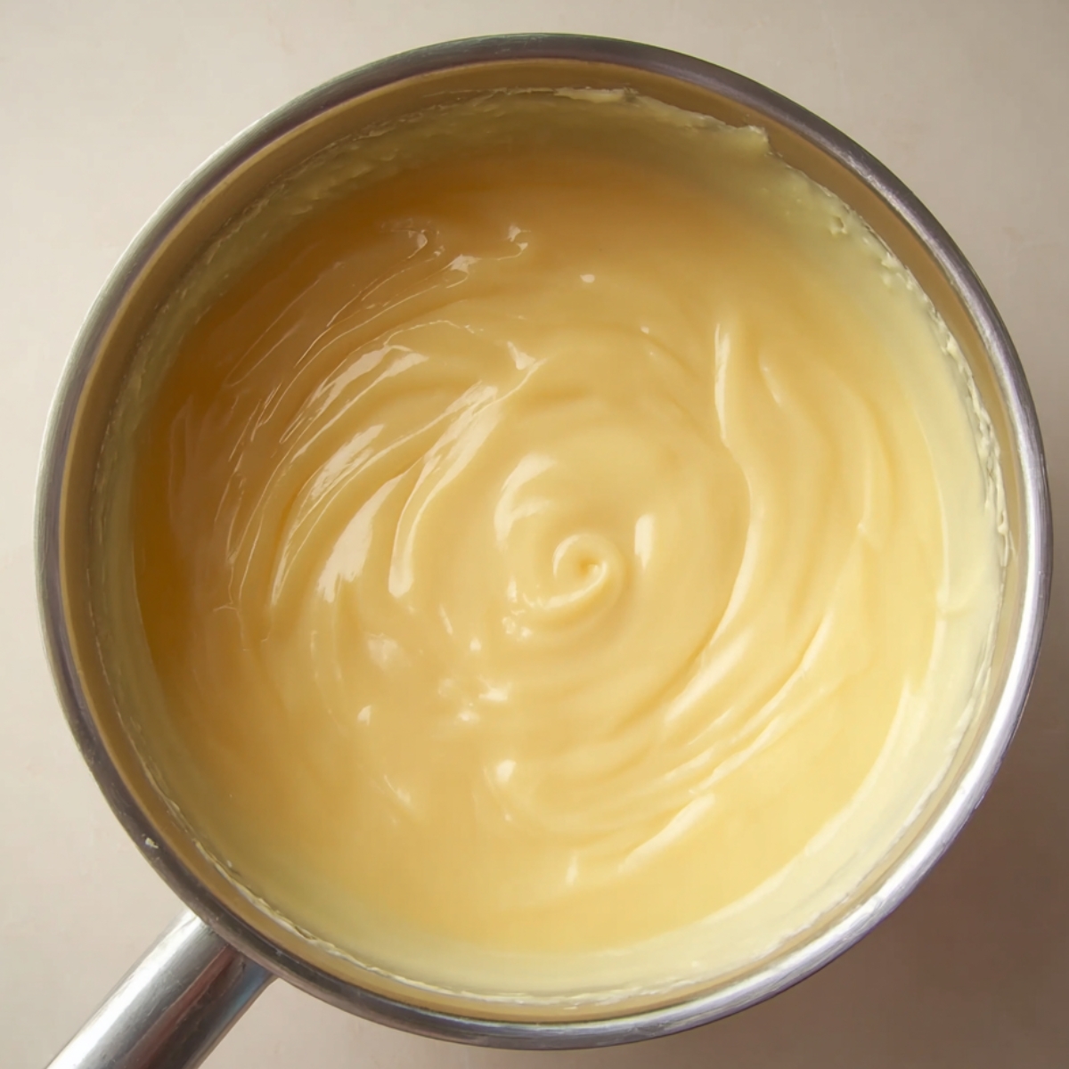 Top-down view of a stainless steel saucepan filled with smooth, glossy yellow pastry cream, showing gentle swirls from stirring.