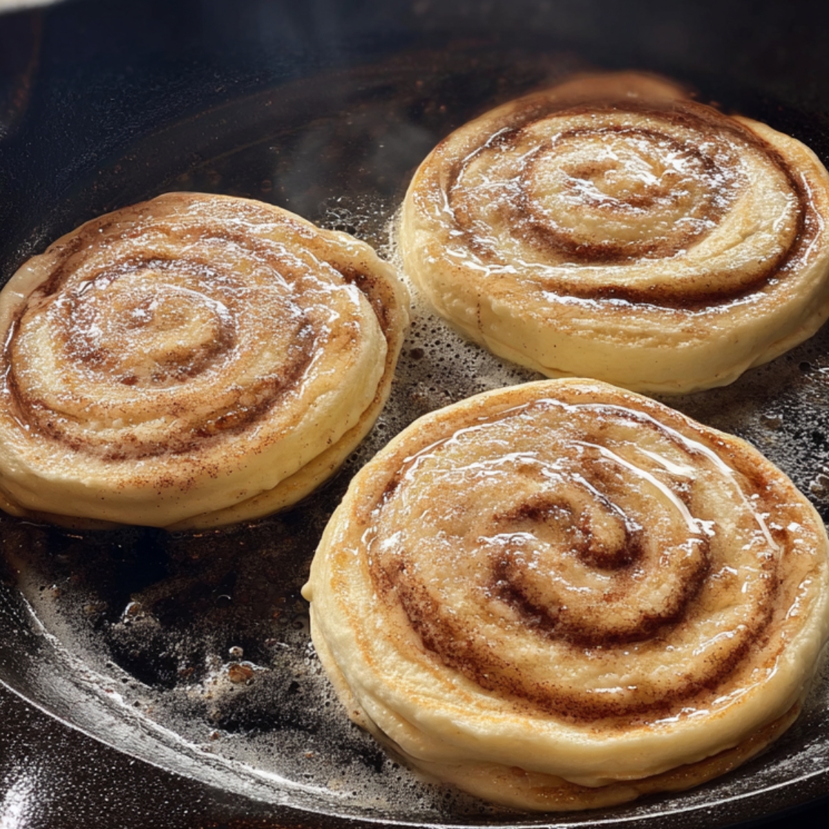 Three cinnamon roll pancakes cooking in a cast-iron skillet, lightly bubbling in butter with visible cinnamon spiral patterns.