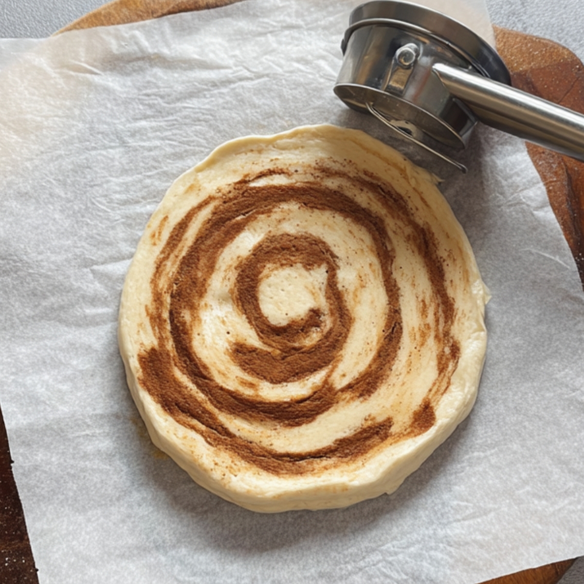 Flattened cinnamon roll pancake dough on parchment paper, showing a clear cinnamon swirl, with a metal press resting nearby on a wooden board.