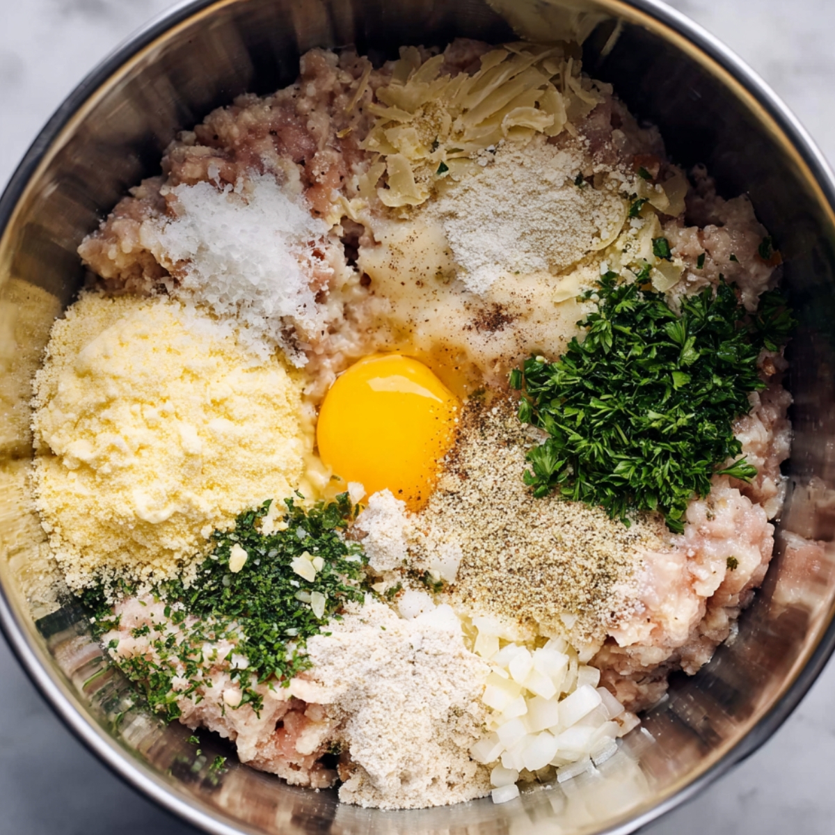 “Overhead view of raw garlic parmesan chicken meatloaf ingredients in a stainless steel bowl, including ground chicken, egg, breadcrumbs, grated cheese, chopped onions, garlic, herbs, and seasonings.