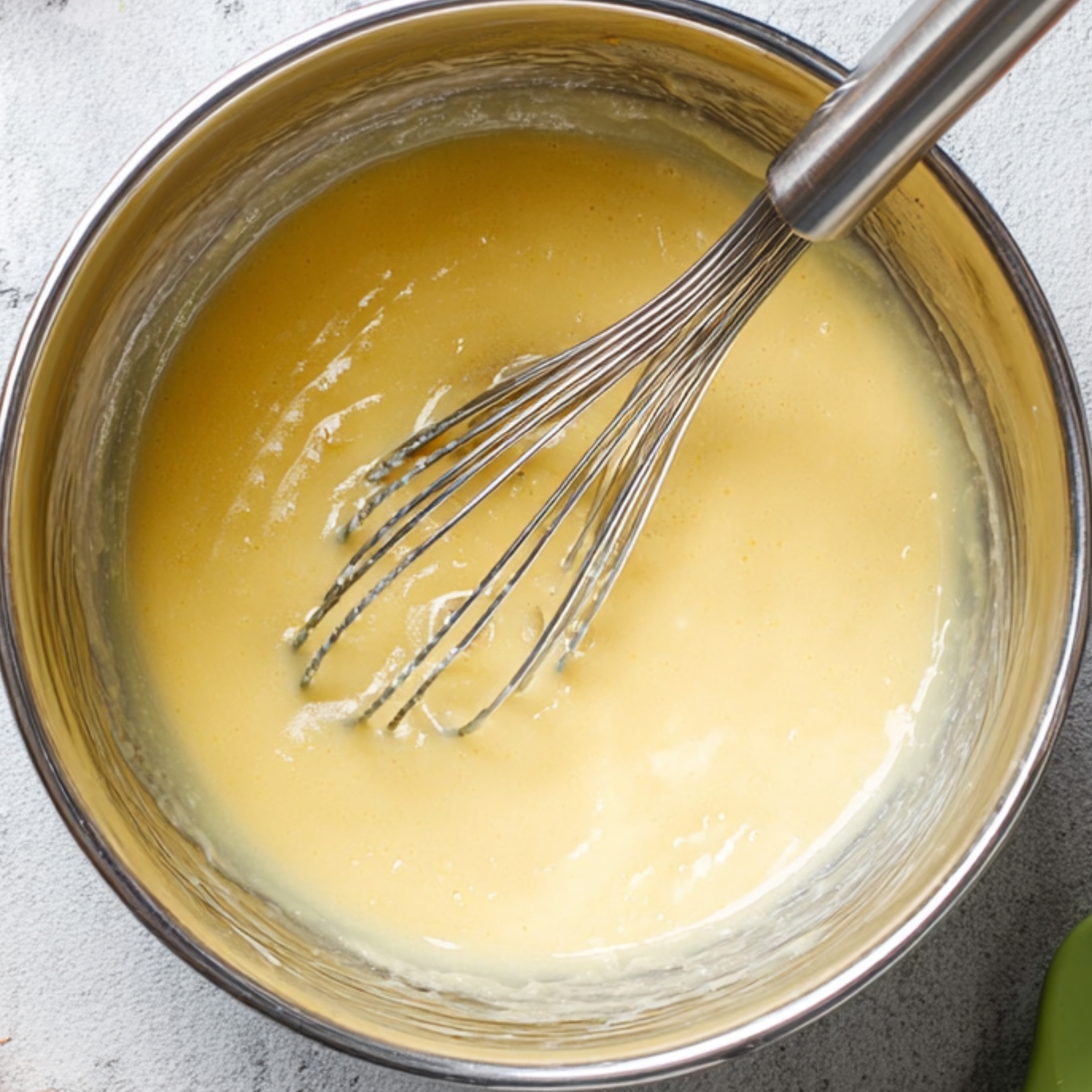 Overhead view of a stainless-steel bowl filled with pancake batter, a metal whisk inside, broken eggshells and green silicone spatulas on a light gray countertop.”