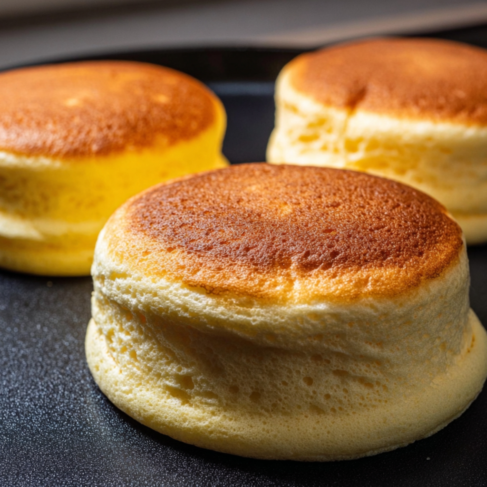 Close-up of three tall Japanese soufflé pancakes cooking on a black non-stick griddle, with evenly browned golden tops and fluffy, airy sides.”