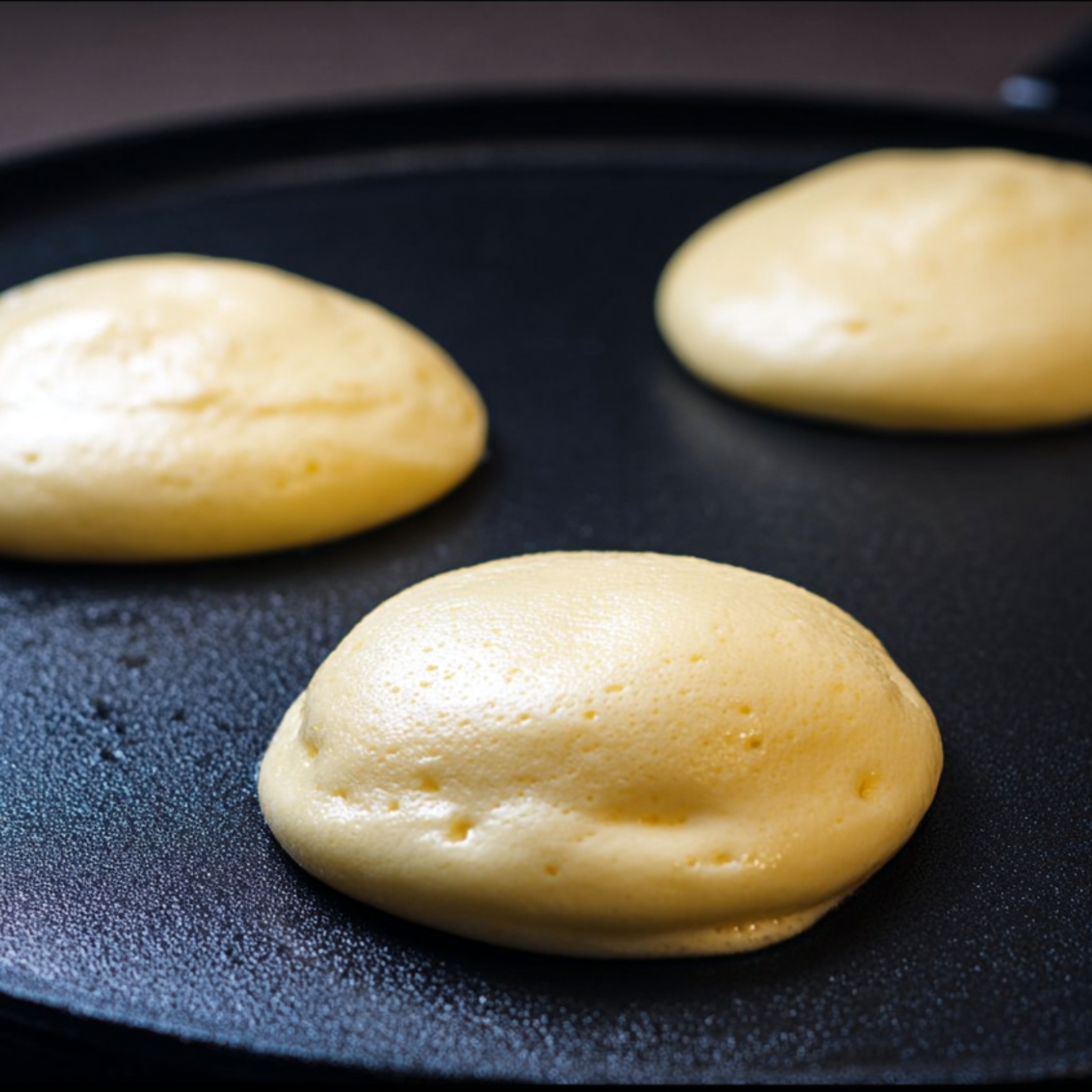 Three smooth, pale yellow dollops of Japanese soufflé pancake batter resting on a black non-stick griddle before cooking.”
