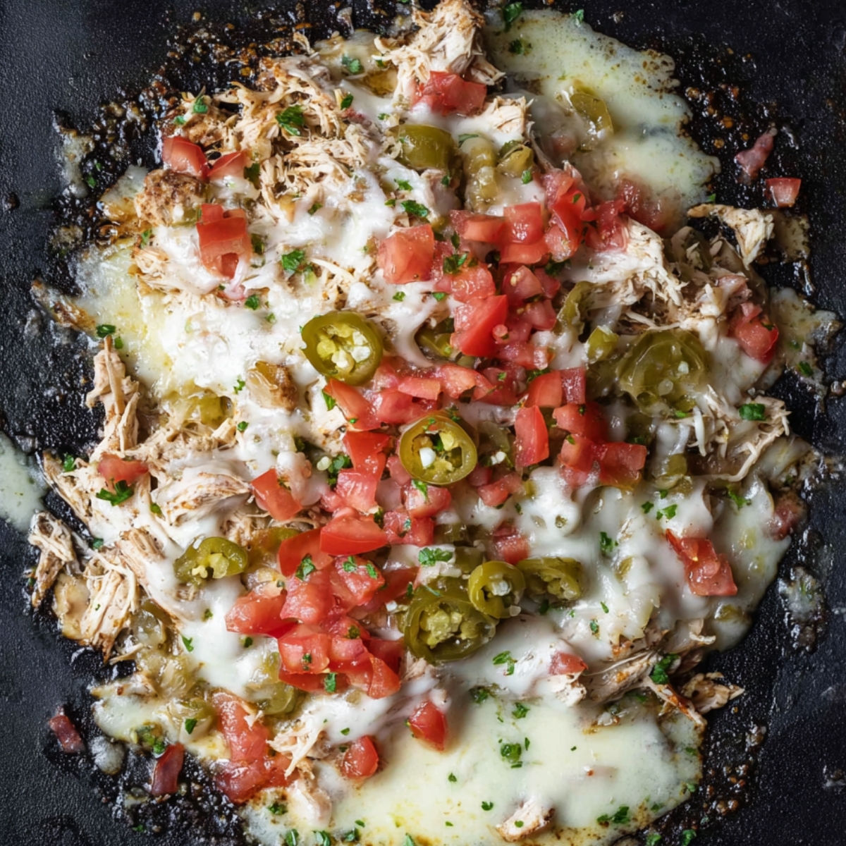 Overhead view of shredded chicken cooking in a dark skillet with melted cheese, diced tomatoes, sliced jalapeños, and green chiles, lightly browned with bubbling cheese.