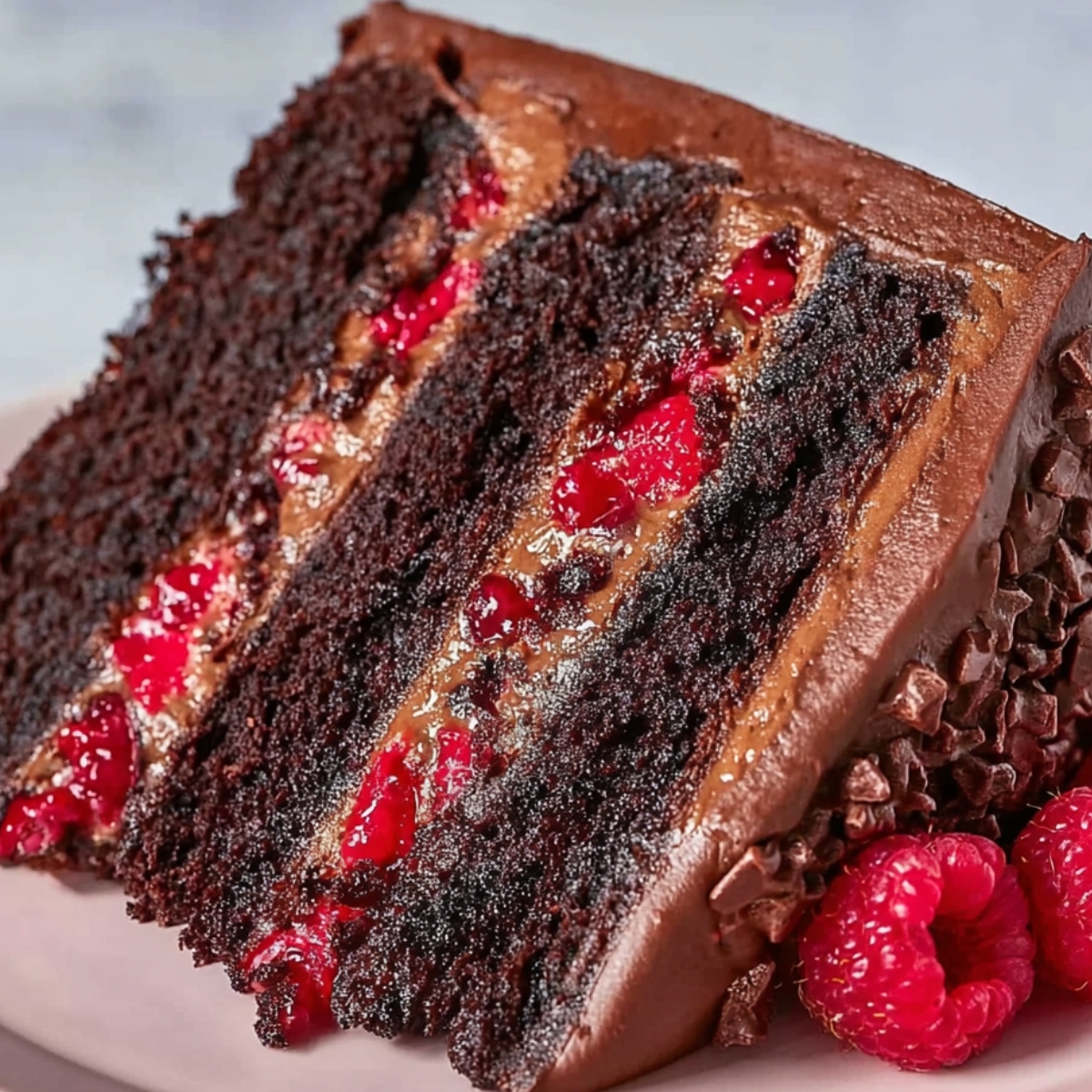 Chocolate Raspberry Mousse Cake Spreading a layer of raspberry jam over a smooth chocolate frosting on top of a chocolate cake. The cake has multiple layers, and the frosting is evenly spread before adding more decoration.