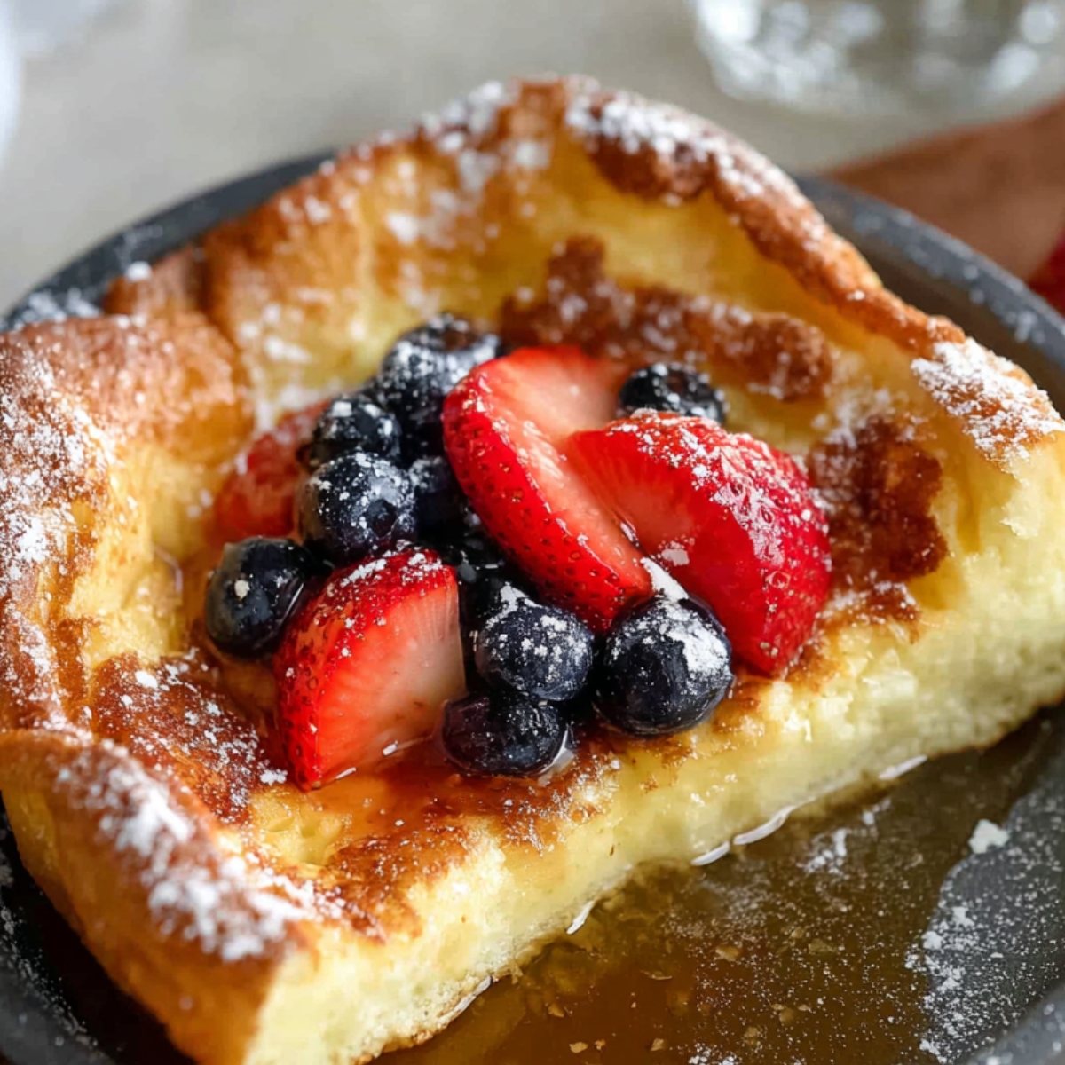 German Pancakes A slice of German pancake served with fresh strawberries and blueberries, dusted with powdered sugar and drizzled with syrup.