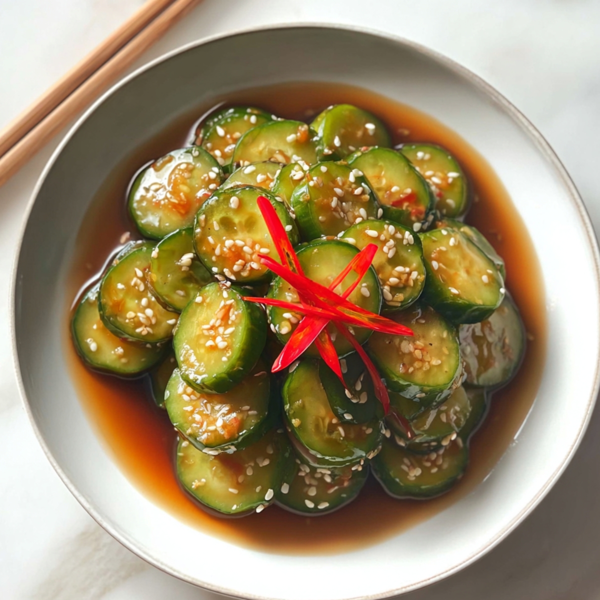 Spicy Cucumber Salad Top-down view of a spicy cucumber salad in a white bowl, sliced cucumbers submerged in a glossy soy-based sauce, garnished with sesame seeds and thin red chili strips.