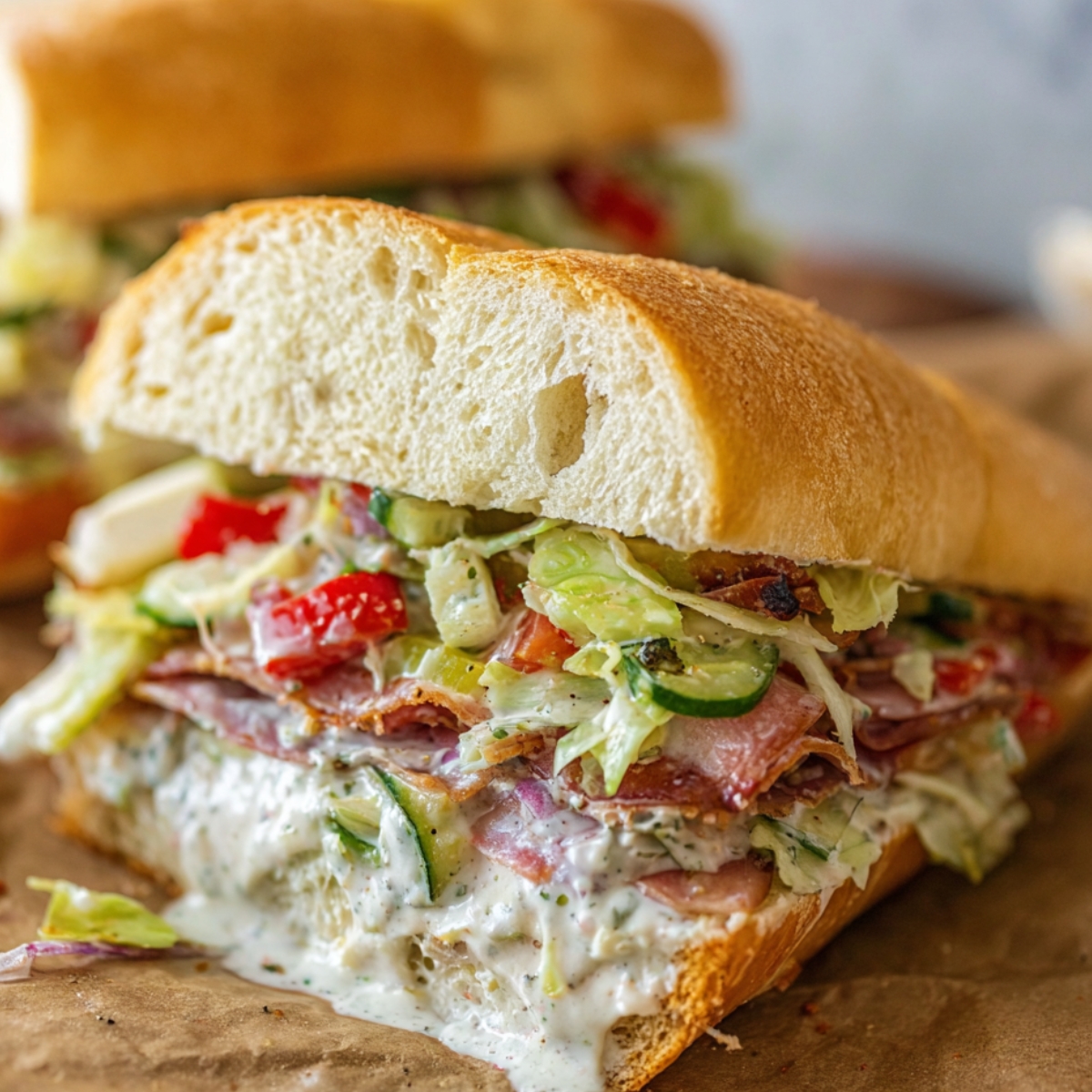 Baked Italian Grinder Sandwiches A delicious Baked Italian Grinder Sandwich with layers of savory meats, melted cheese, and a tangy vegetable topping spilling out from a perfectly toasted bun.