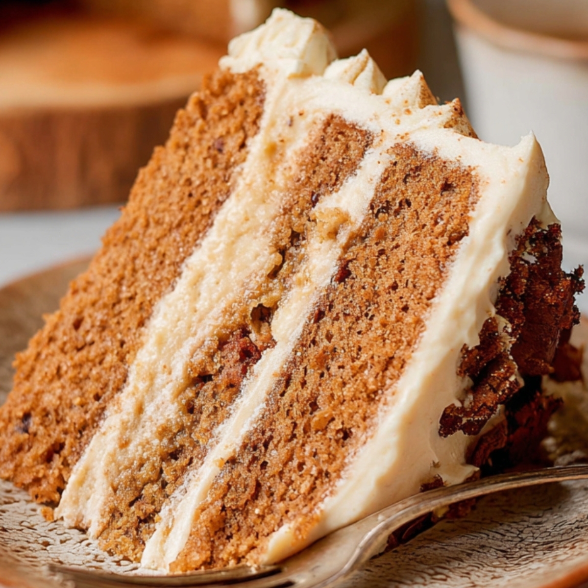 Brown Sugar Chai Cake A slice of the Brown Sugar Chai Cake served on a plate, showing off its moist, spiced layers with a generous filling of buttercream. The texture is soft, and the flavors seem rich and comforting