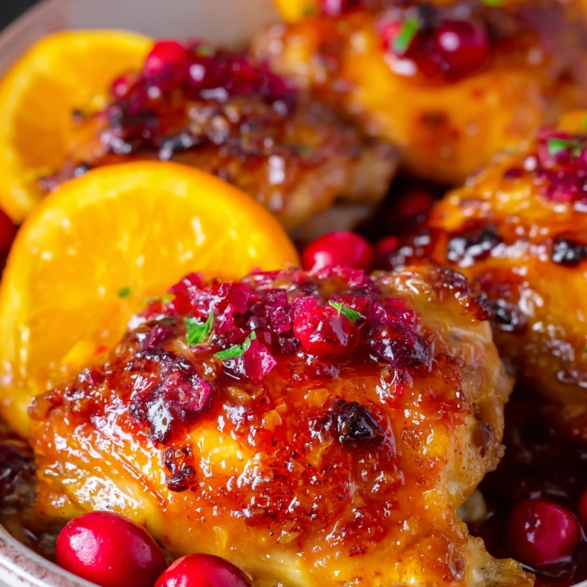 Cranberry Orange Chicken A close-up of roasted chicken thighs glazed with a sweet and tangy cranberry-orange sauce. The skin is perfectly caramelized with a deep golden-brown hue, garnished with bright red cranberries and slices of fresh orange, making for a deliciously vibrant meal.