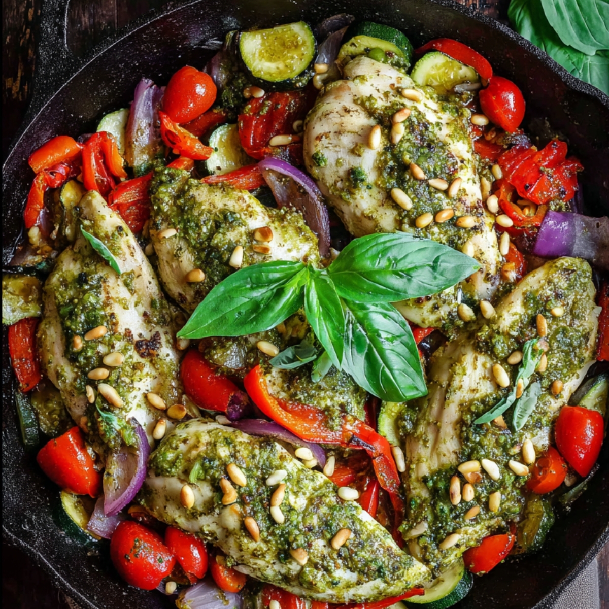 Creamy Pesto Chicken and Vegetables Overhead photo of a cast-iron skillet containing pesto-covered chicken breasts with toasted pine nuts and fresh basil, surrounded by sautéed zucchini, cherry tomatoes, red bell peppers, and red onions on a dark wooden table.