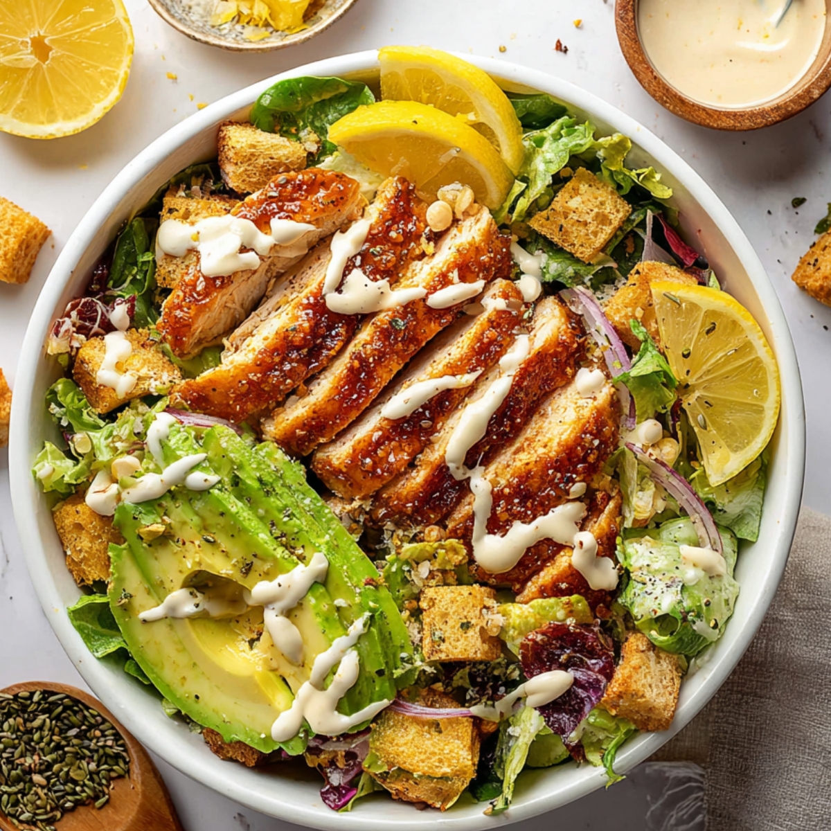 Crispy Hot Honey Chicken Caesar Salad A large bowl of a Caesar salad with grilled chicken strips, croutons, avocado slices, and lemon wedges, drizzled with a white sauce, with a sprinkle of seeds.