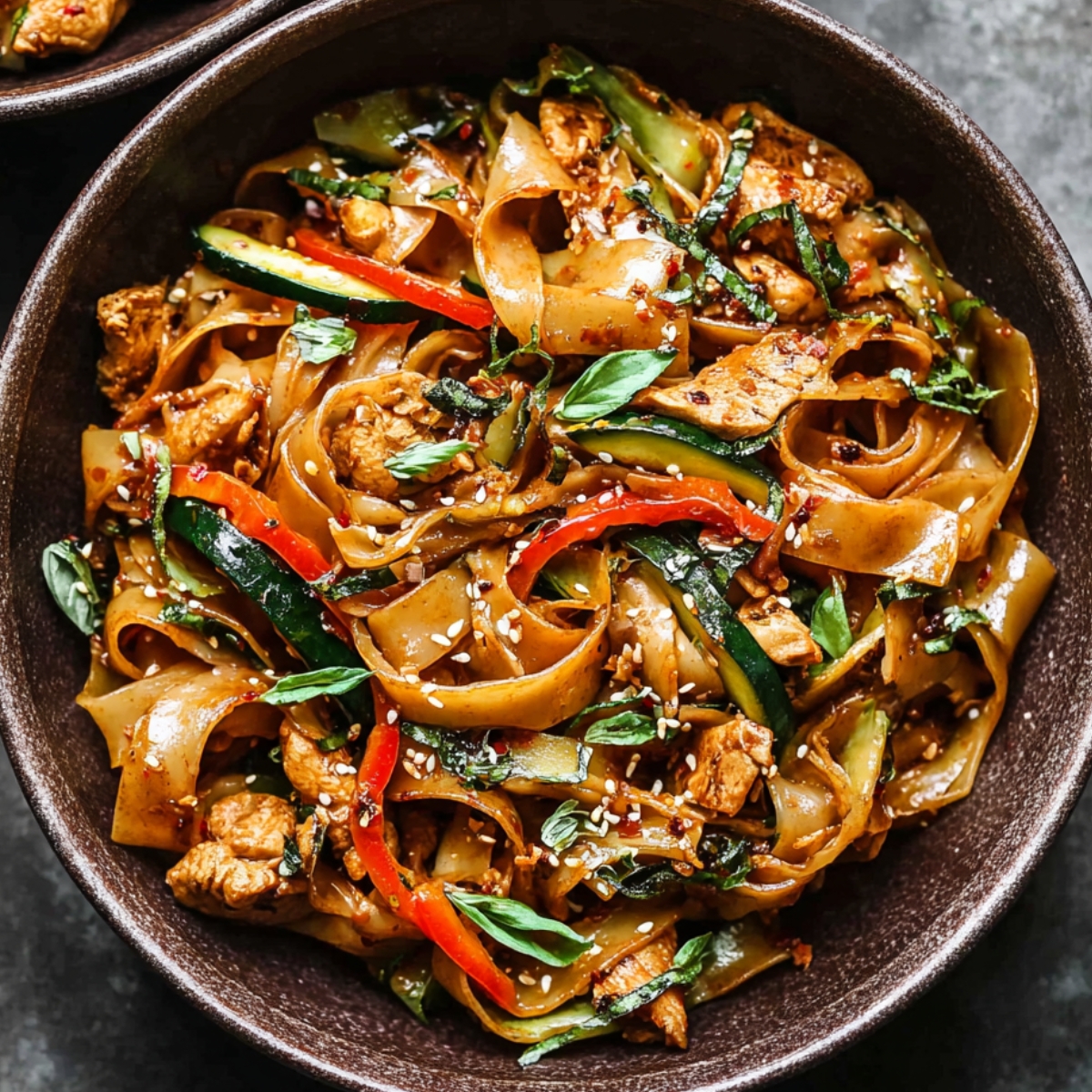 Drunken Noodles Top-down food photography of Thai drunken noodles served in a rustic ceramic bowl with wide rice noodles, chicken, bell peppers, zucchini, Thai basil, chili flakes, and sesame seeds on a dark stone background.