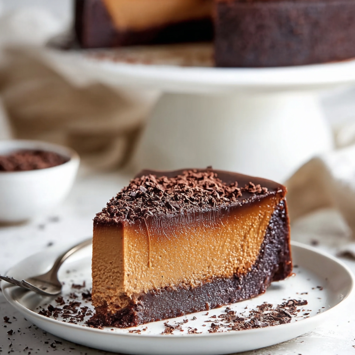 A slice of rich chocolate flan cake on a white plate in the foreground, with the remaining cake on a stand behind it, showing a dense chocolate crust and creamy center.