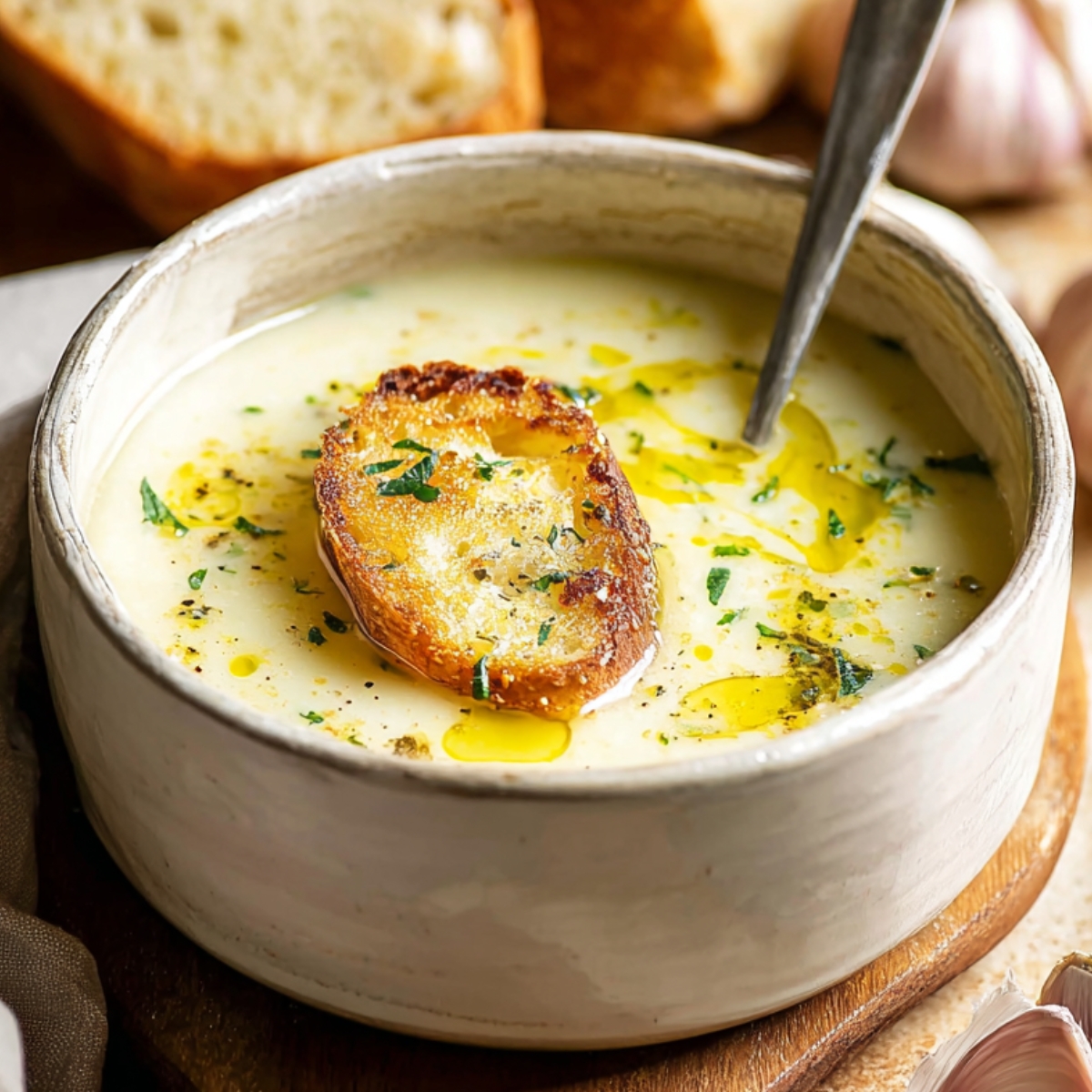 French Garlic Soup A bowl of creamy French garlic soup topped with a toasted baguette slice, olive oil drizzle, and herbs, served with bread and garlic in a rustic kitchen setting.