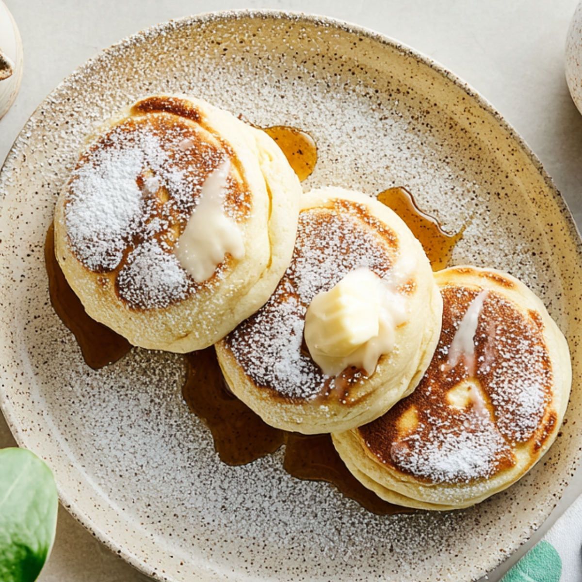 Japanese Pancakes Top-down view of Japanese soufflé pancakes stacked on a speckled ceramic plate, dusted with powdered sugar, topped with butter and maple syrup, with coffee and cutlery nearby.”