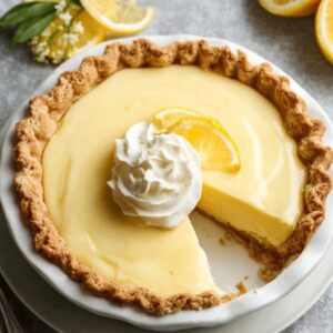 Lemon Cream Pie A slice of the lemon cream pie served on a plate, topped with whipped cream and finely grated lemon zest. The vibrant yellow lemon filling contrasts with the crunchy, golden crust, and the slice looks perfectly creamy and inviting.