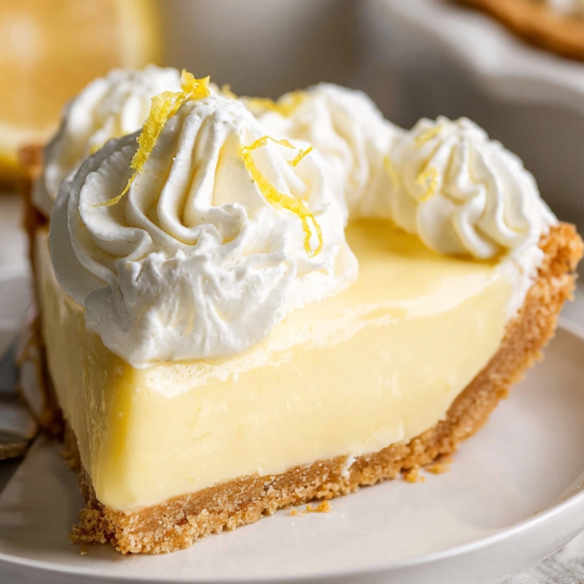 Lemon Cream Pie A close-up of a slice of homemade lemon cream pie with a golden graham cracker crust, topped with whipped cream and lemon zest