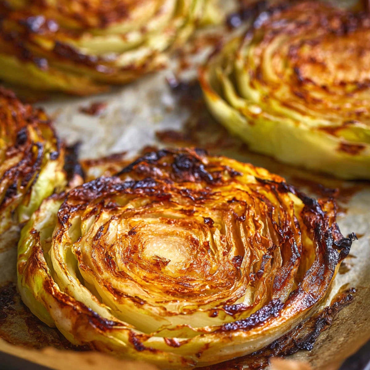 Roasted Cabbage Steaks Roasted cabbage steaks with golden brown centers and crispy caramelized edges on a parchment-lined baking tray”