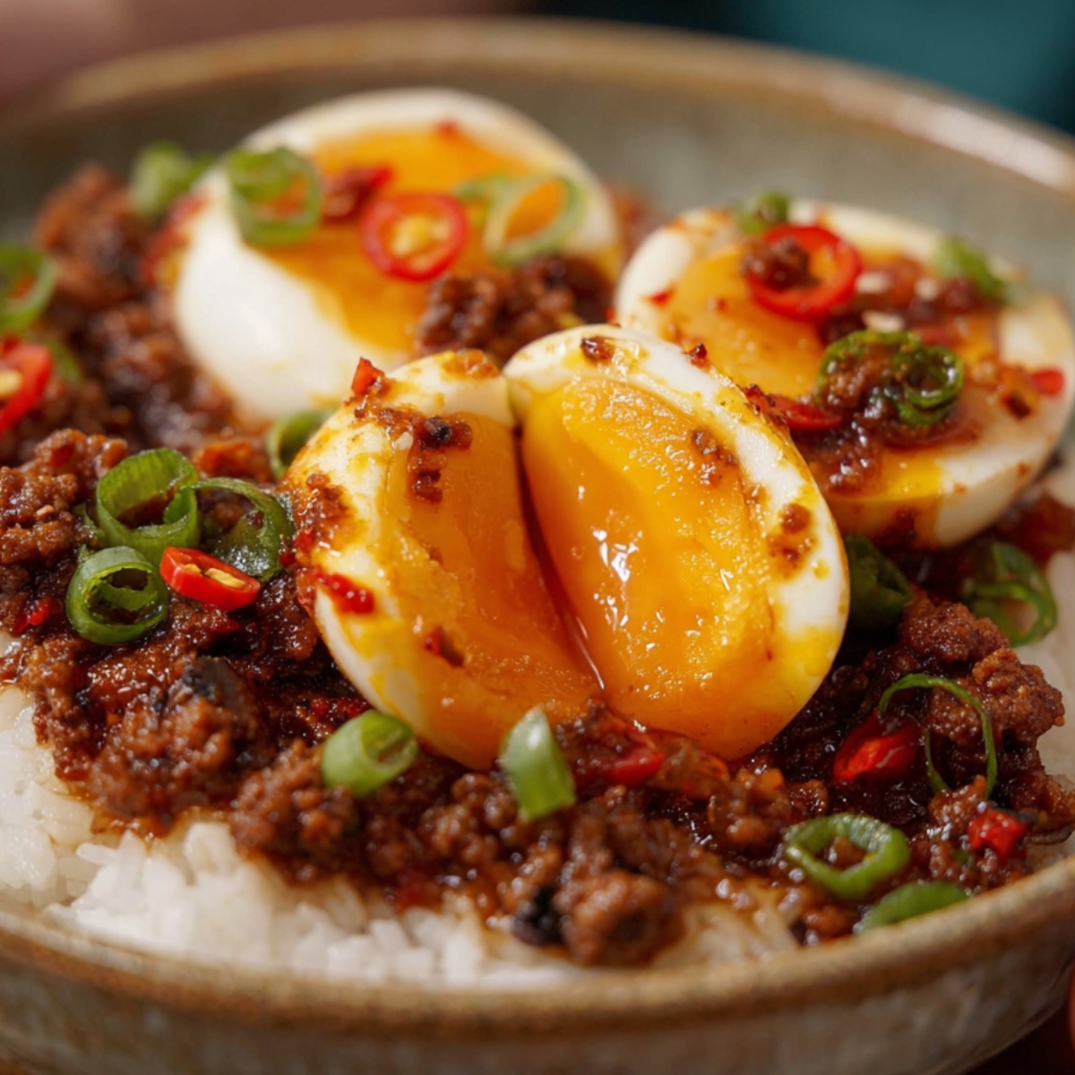 Spicy Gochujang Eggs Rice bowl topped with spicy Korean ground beef and jammy soft-boiled eggs cut in half, showing golden yolks with chili oil and green onions.