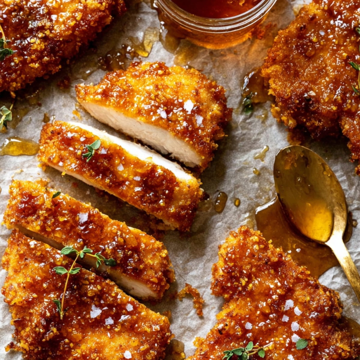 Baked Crunchy Hot Honey Chicken. Crispy hot honey chicken cutlets on parchment paper, golden-brown and glazed with sticky honey, sprinkled with flaky sea salt and fresh thyme, with a jar of honey and a spoon nearby.