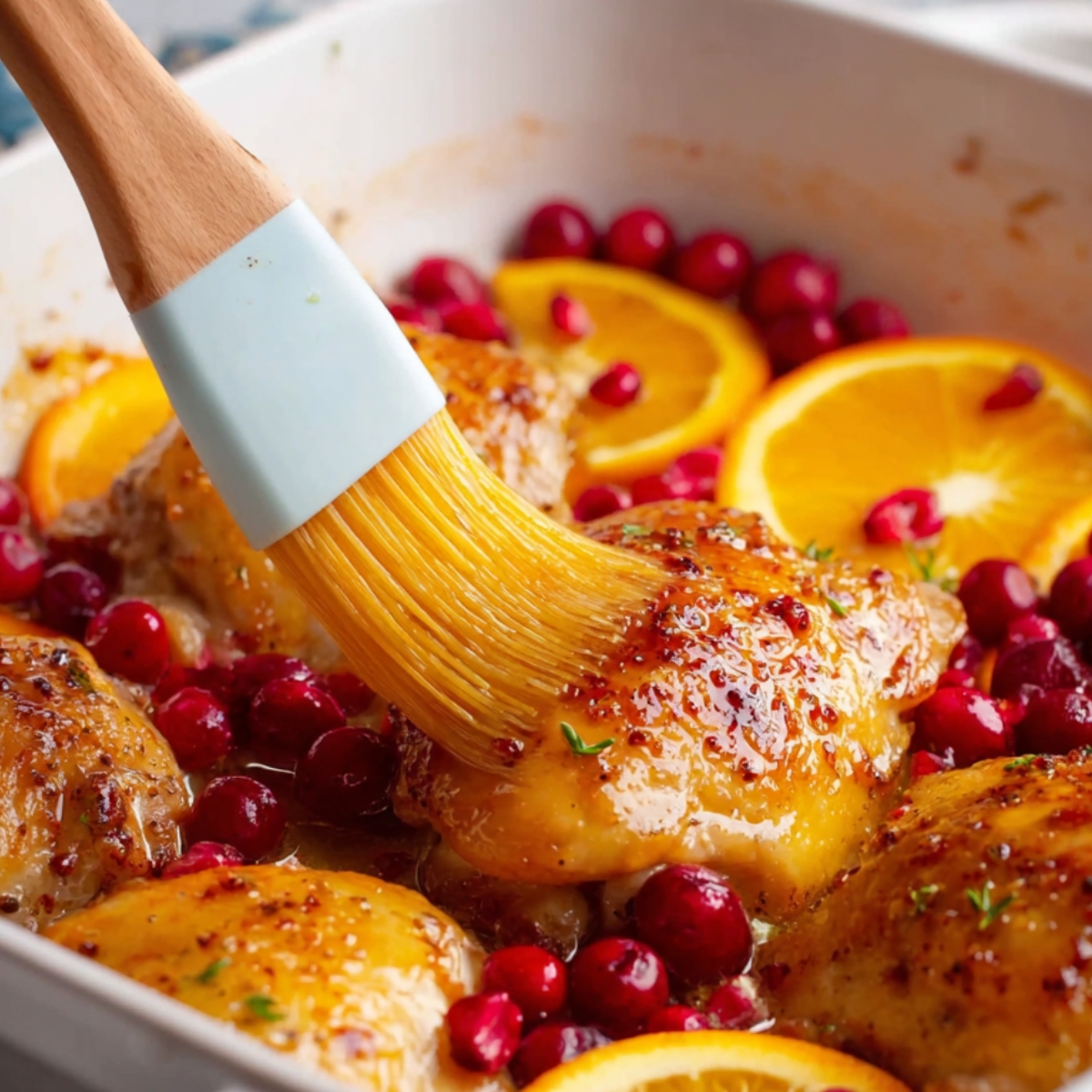 A close-up of a brush applying a flavorful glaze or marinade to roasted chicken thighs in a white baking dish. The chicken is surrounded by fresh orange slices and cranberries, with a beautiful golden sheen from the sauce, creating a glossy and appetizing look.