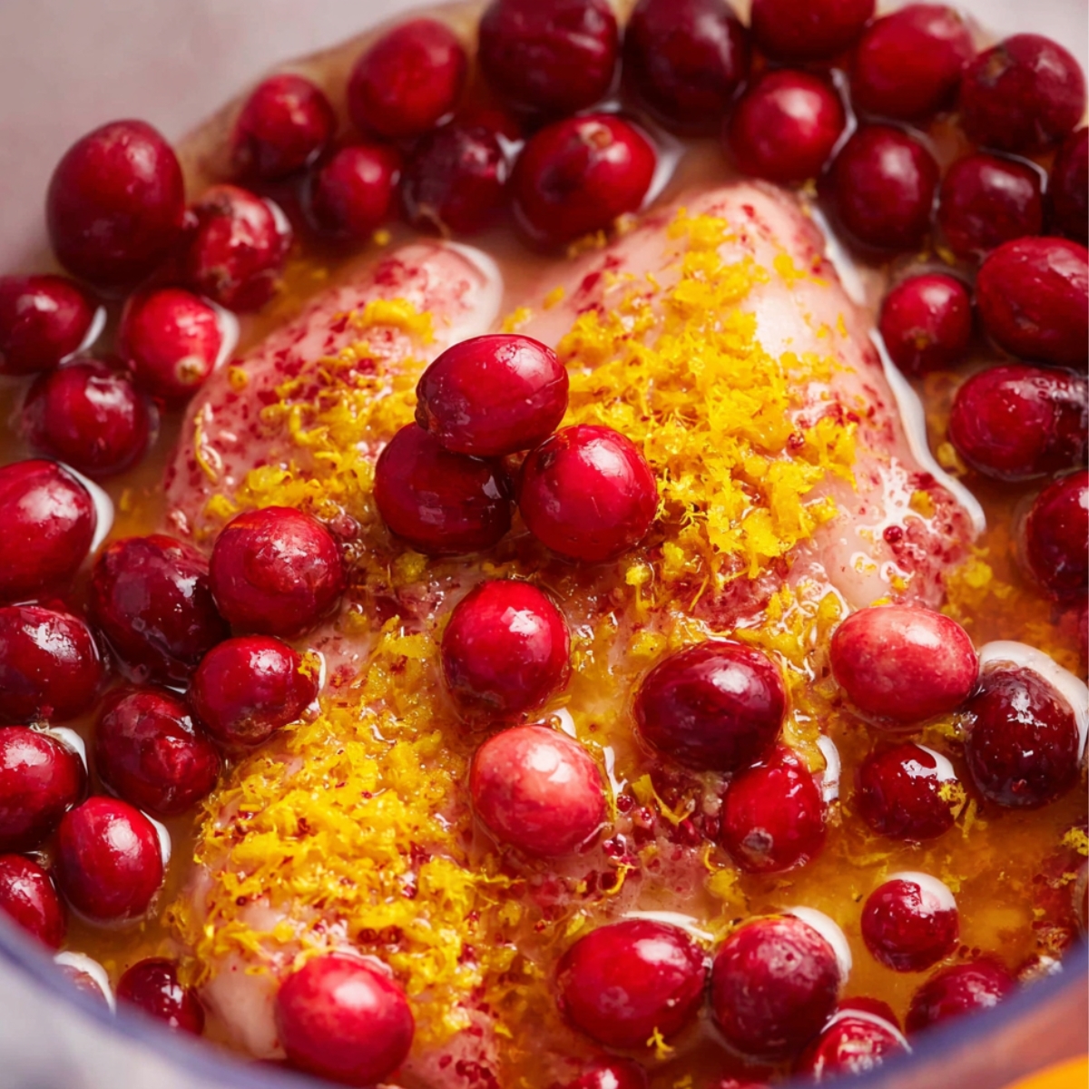 A close-up view of fresh cranberries and orange zest surrounding raw chicken breasts in a marinade. The rich red cranberries contrast with the bright yellow zest, creating a vibrant and aromatic scene. The marinade is slightly translucent, giving a hint of citrusy flavor."