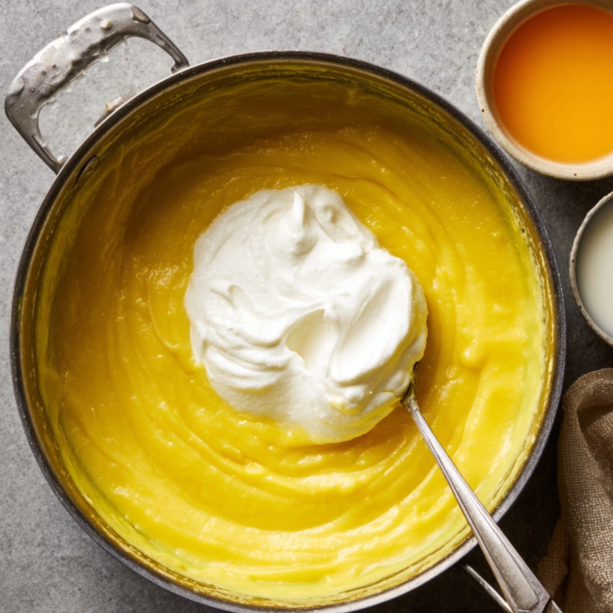 A saucepan filled with a vibrant yellow lemon mixture, with a dollop of freshly whipped cream on top. The mixture looks smooth and velvety, and the whipped cream is gently being folded into it, creating a creamy texture for the dessert.