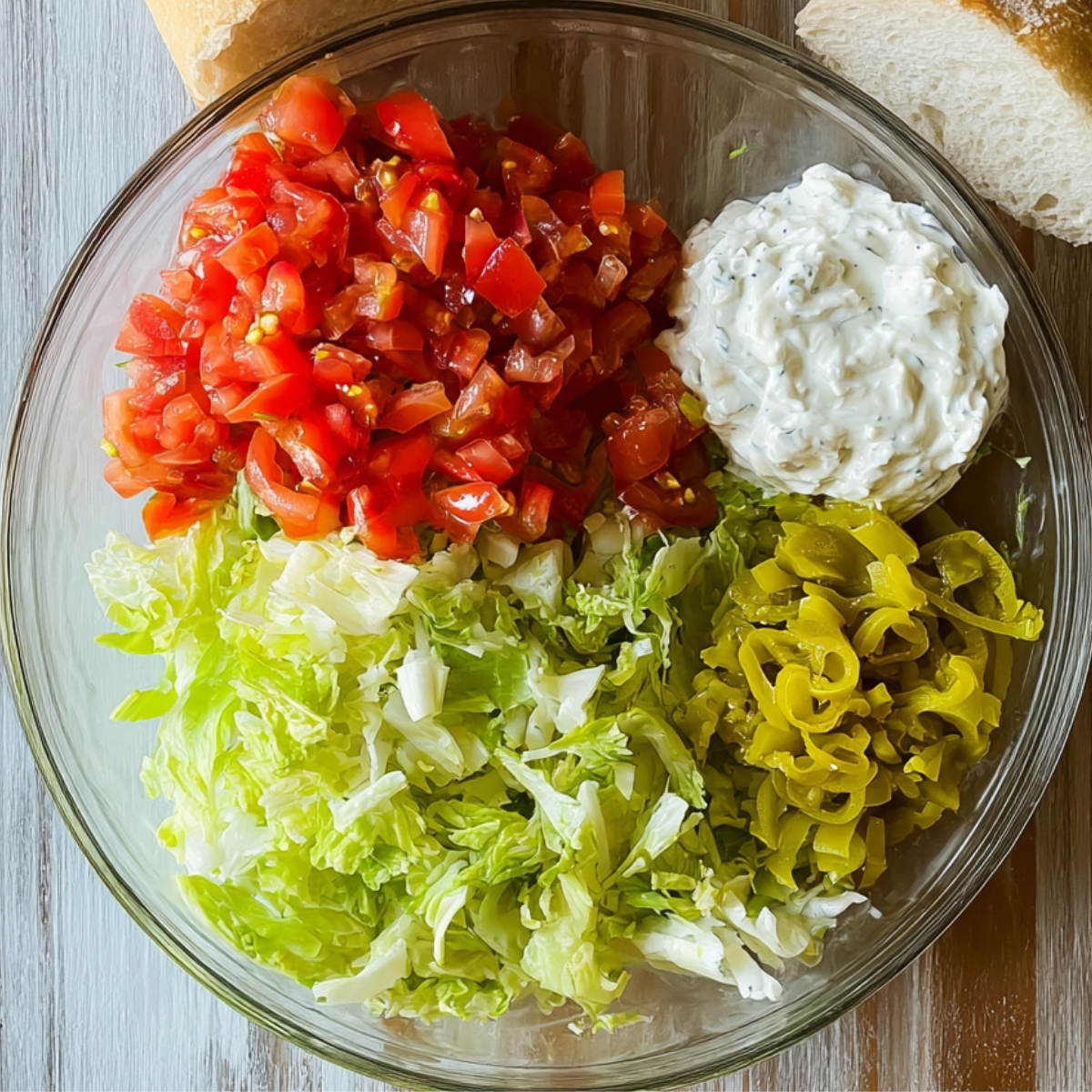 A fresh mix of shredded lettuce, diced tomatoes, and tangy pickles, topped with creamy dressing, ready to make the perfect sandwich. This simple yet delicious combination adds a burst of flavor to your next meal