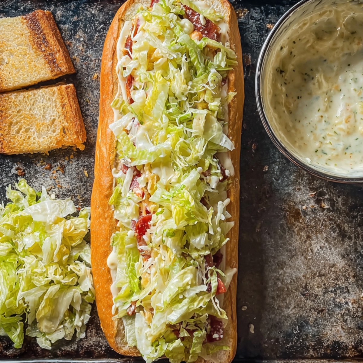 A vibrant and colorful sandwich preparation with crisp lettuce, juicy tomatoes, and zesty pickles, all blended with creamy dressing for that perfect bite. This is the ultimate base for an unforgettable sandwich