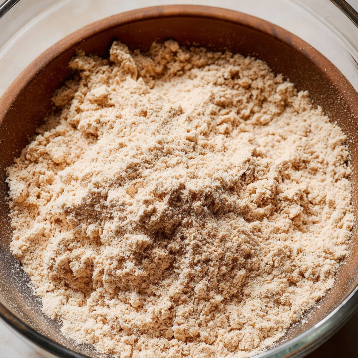 A close-up shot of the dry ingredients for the Brown Sugar Chai Cake. The flour mixture is finely ground, with a light, powdery texture, possibly mixed with spices like cinnamon and cardamom, ready to be incorporated into the batt