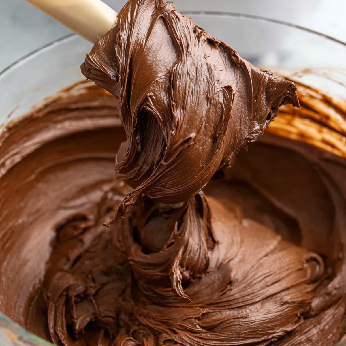 A spatula is lifting a thick, smooth layer of dark chocolate frosting from a bowl. The frosting is rich, glossy, and has a perfect, velvety texture