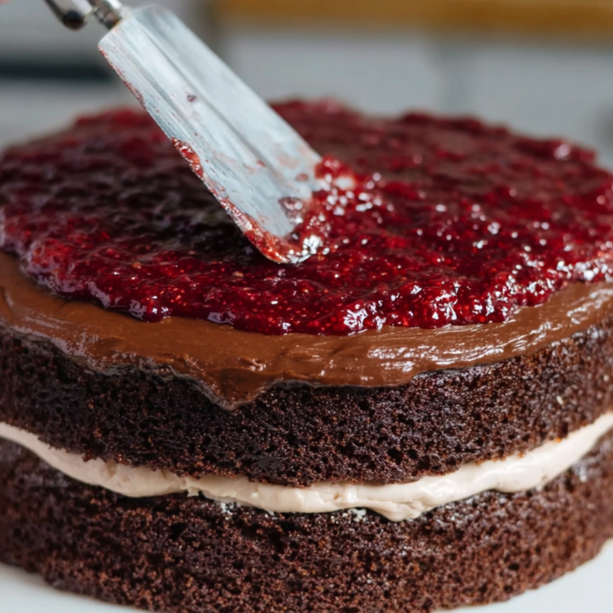 A slice of a chocolate cake with raspberry filling between the layers, showing off its moist texture and rich, chocolate frosting. Fresh raspberries are placed around the slice for garnish."