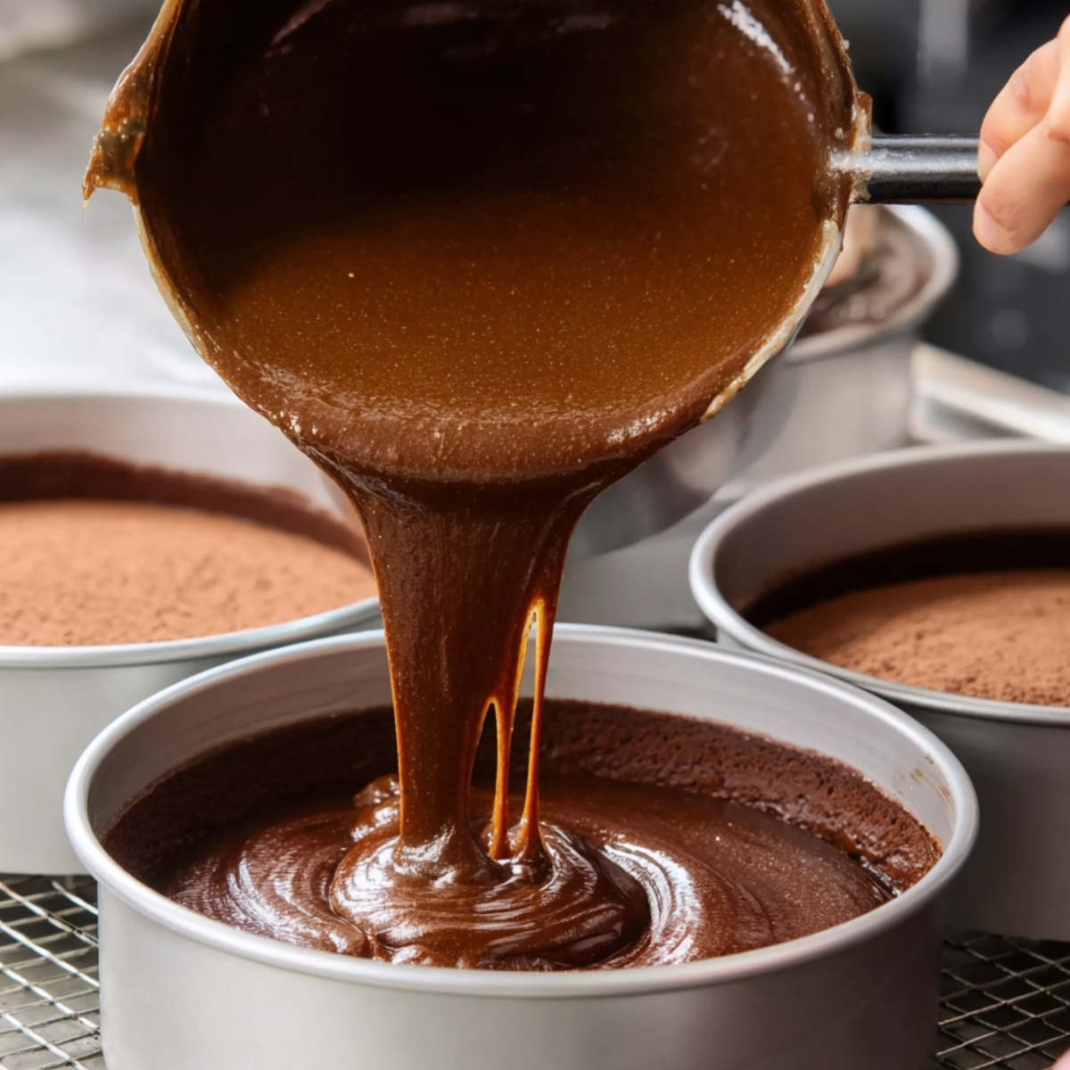 Pouring thick chocolate cake batter into round cake pans, filling them evenly. The batter is smooth and glossy, ready to be baked into layers