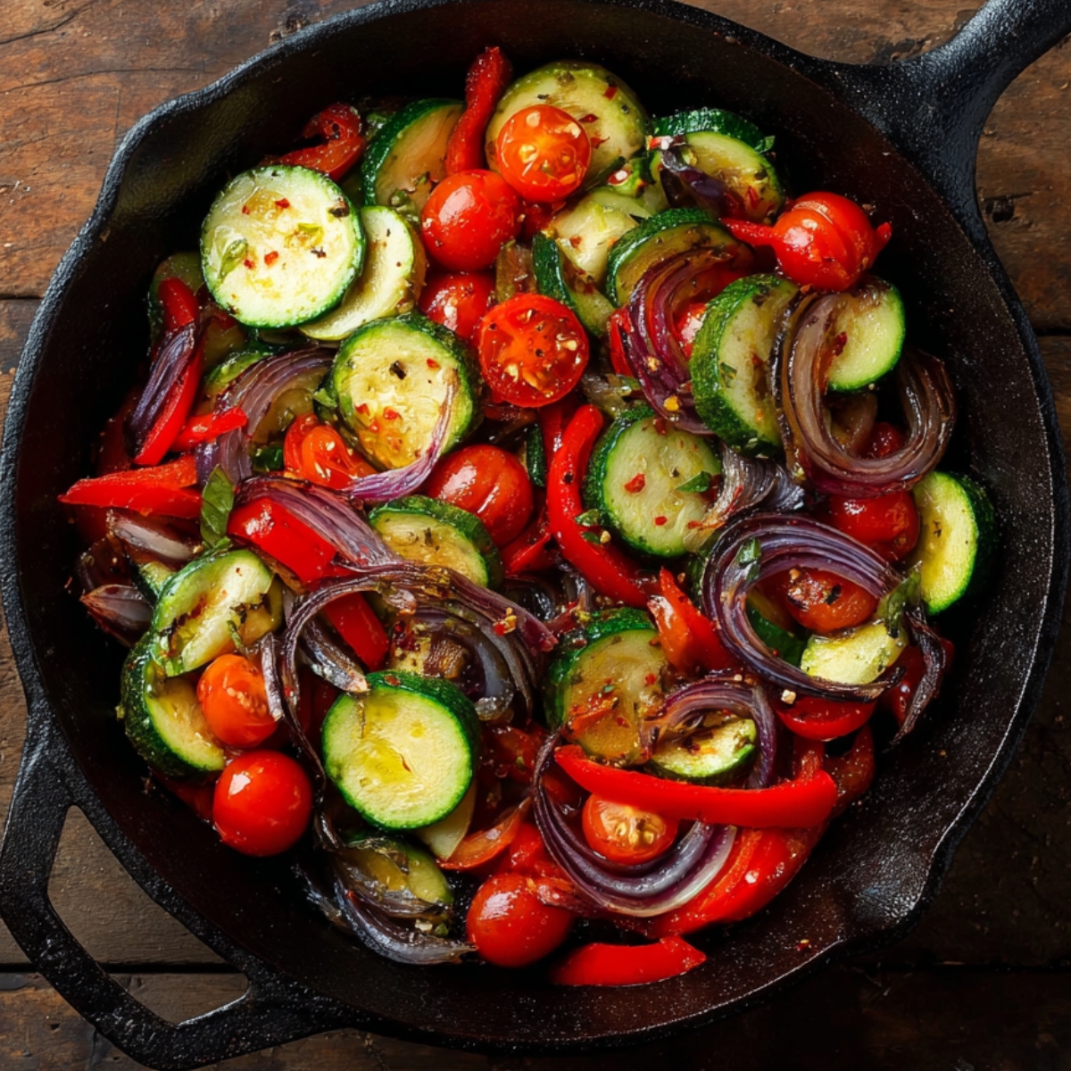 Top-down view of a cast-iron skillet filled with sautéed vegetables, including sliced zucchini, cherry tomatoes, red bell peppers, and red onions, cooked in olive oil on a rustic wooden surface.