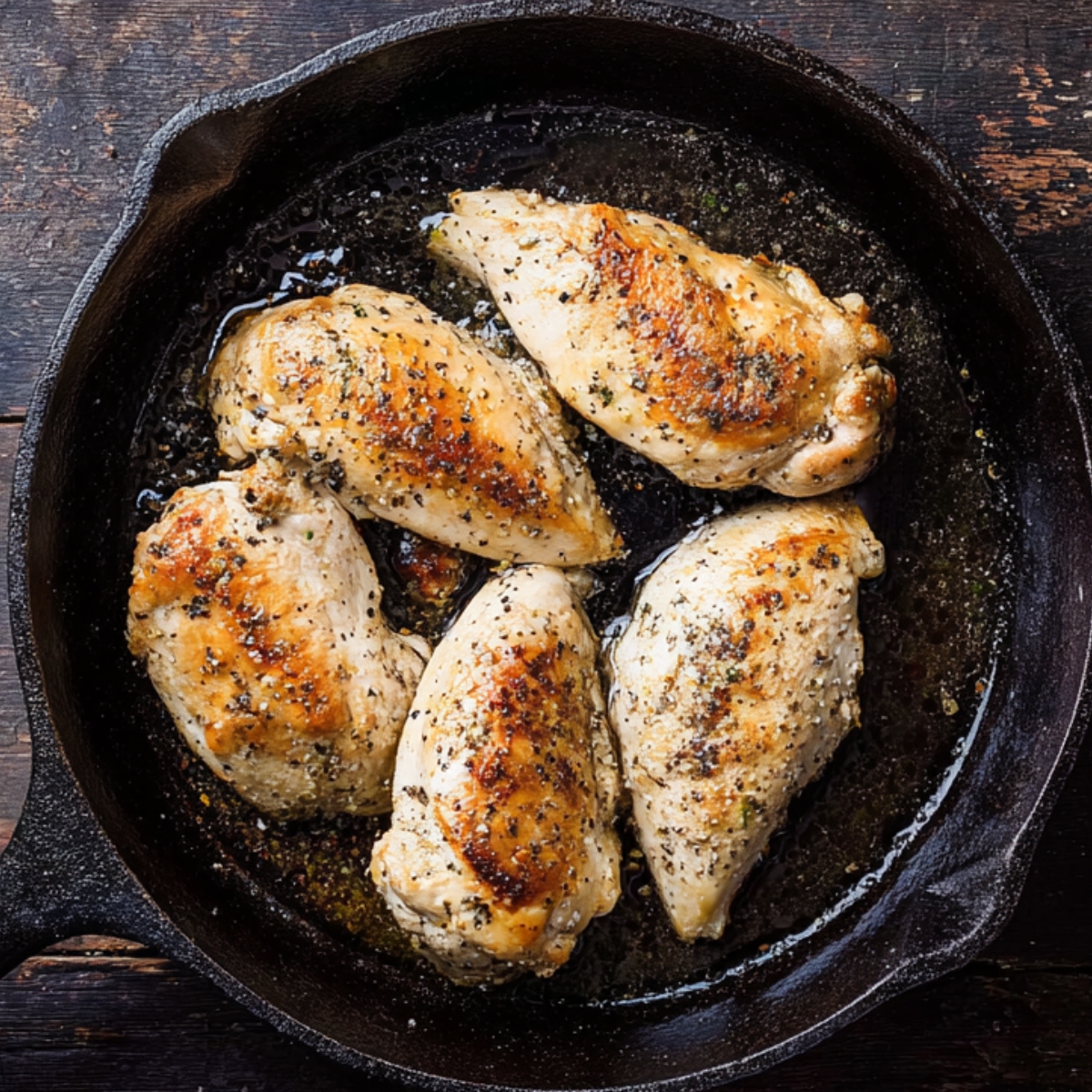 Top-down view of a cast-iron skillet with five golden-brown pan-seared chicken breasts seasoned with herbs and black pepper, cooking in oil on a rustic wooden background.